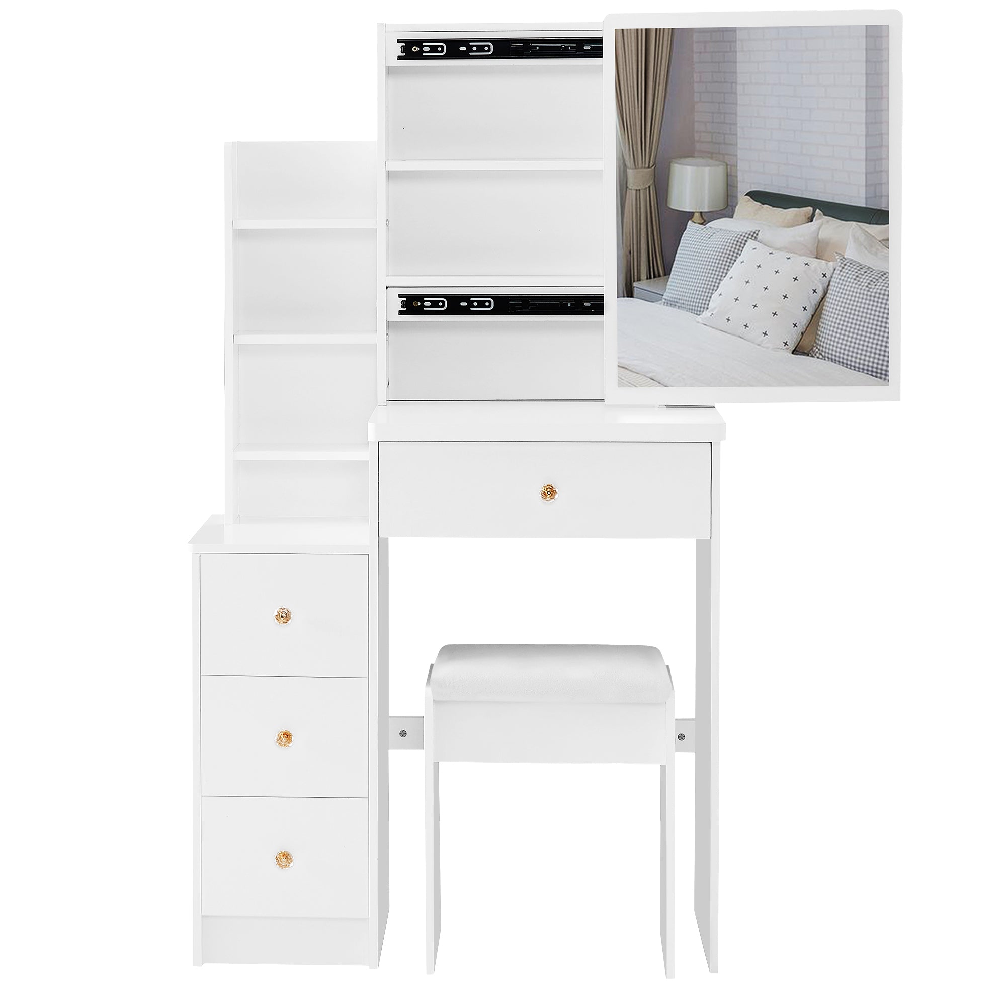 29.2' Small Space Left Bedside Cabinet Vanity Table + Cushioned Stool, Extra Large Right sliding mirror, Multi Layer High Capacity Storage, Practical Fashionable Dresser, EPA, GCC, UL Certificate - Grand Goldman Shop