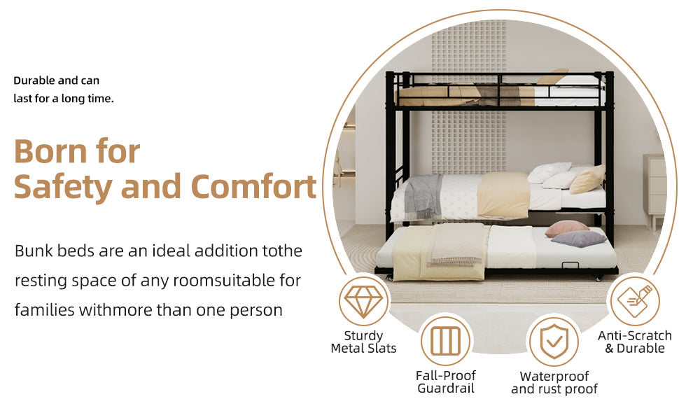 Heavy-duty Sturdy Metal Twin over Twin Bunk Bed with Noise Reduction, Safety Guardrail, No Box Spring Needed, Black - Grand Goldman Shop