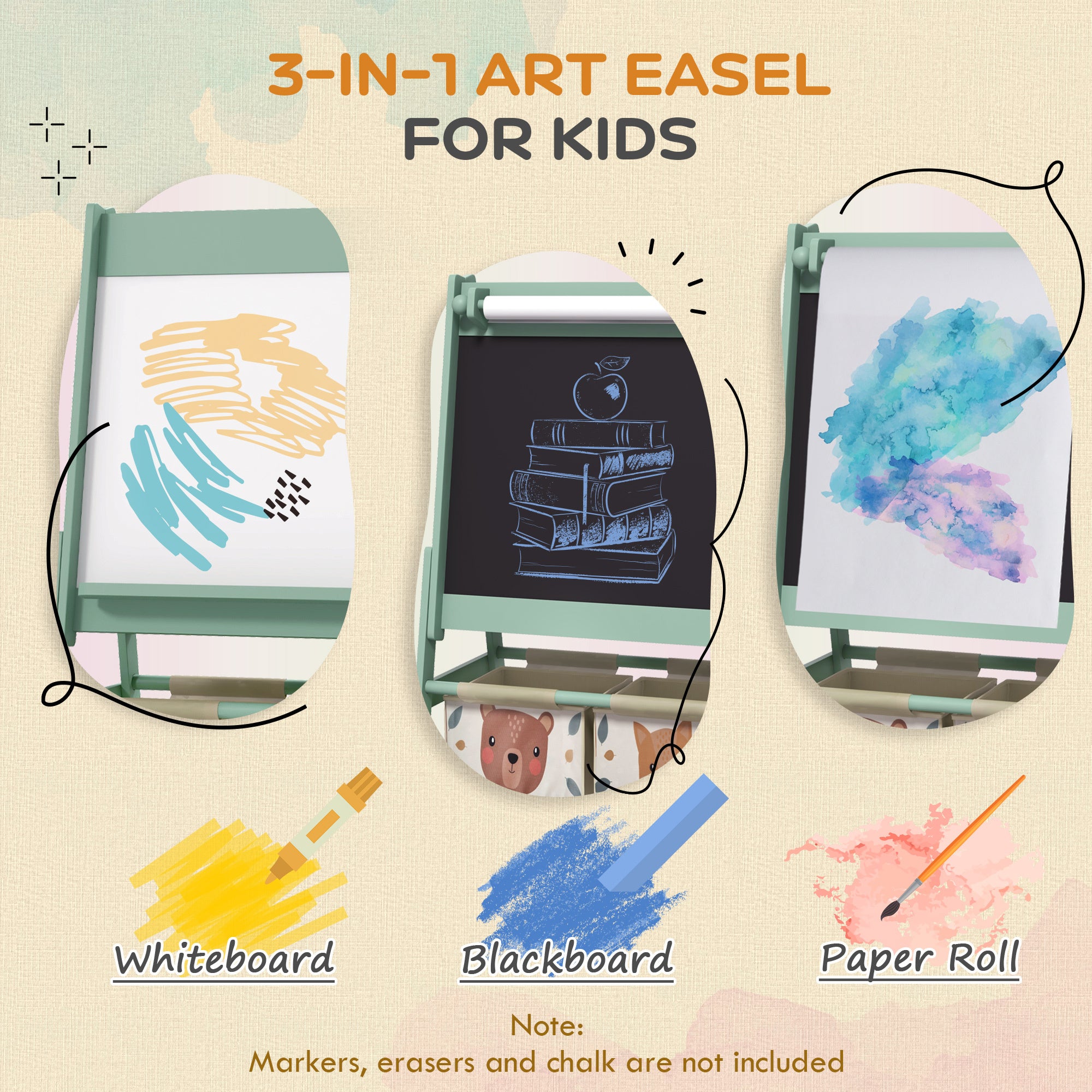 Qaba Art Easel for Kids with Paper Roll, 3 in 1 Toddler Painting Easel with Blackboard, Whiteboard, Storage Baskets, Green - 
