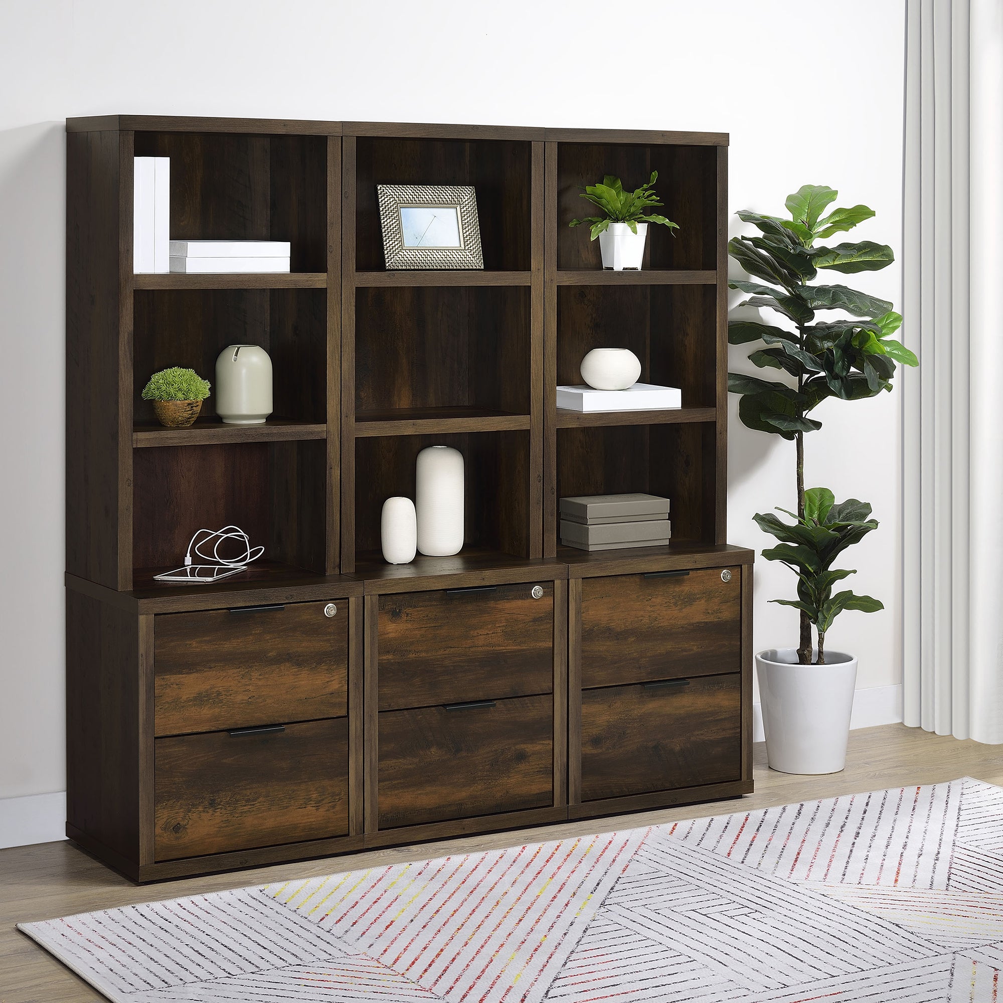 Geary Dark Pine 3-Shelf Bookcase with USB Charging and Lockable Top Drawer in Dark Brown Engineered Wood - Grand Goldman
