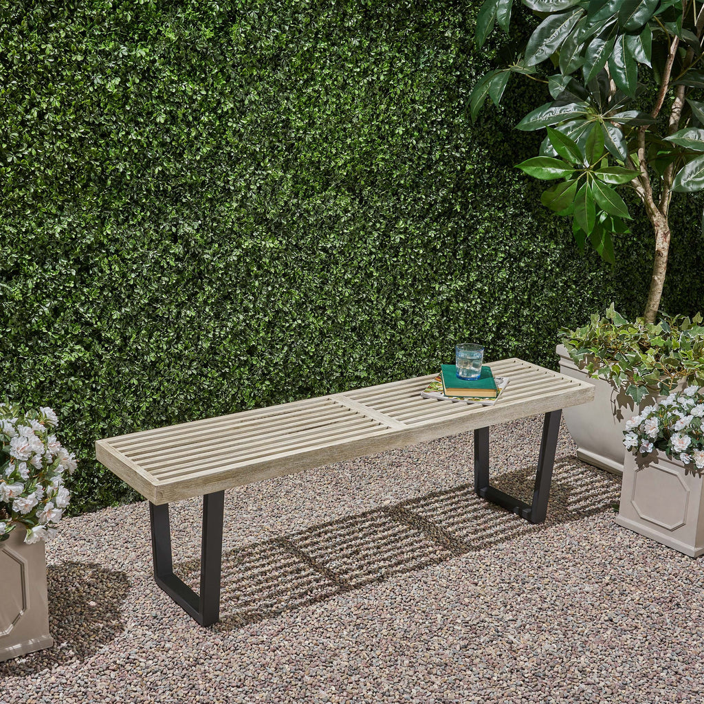 Intrinsic Outdoor Dining Bench with Iron Legs and Slat Top, Black+ Gray - Grand Goldman Shop