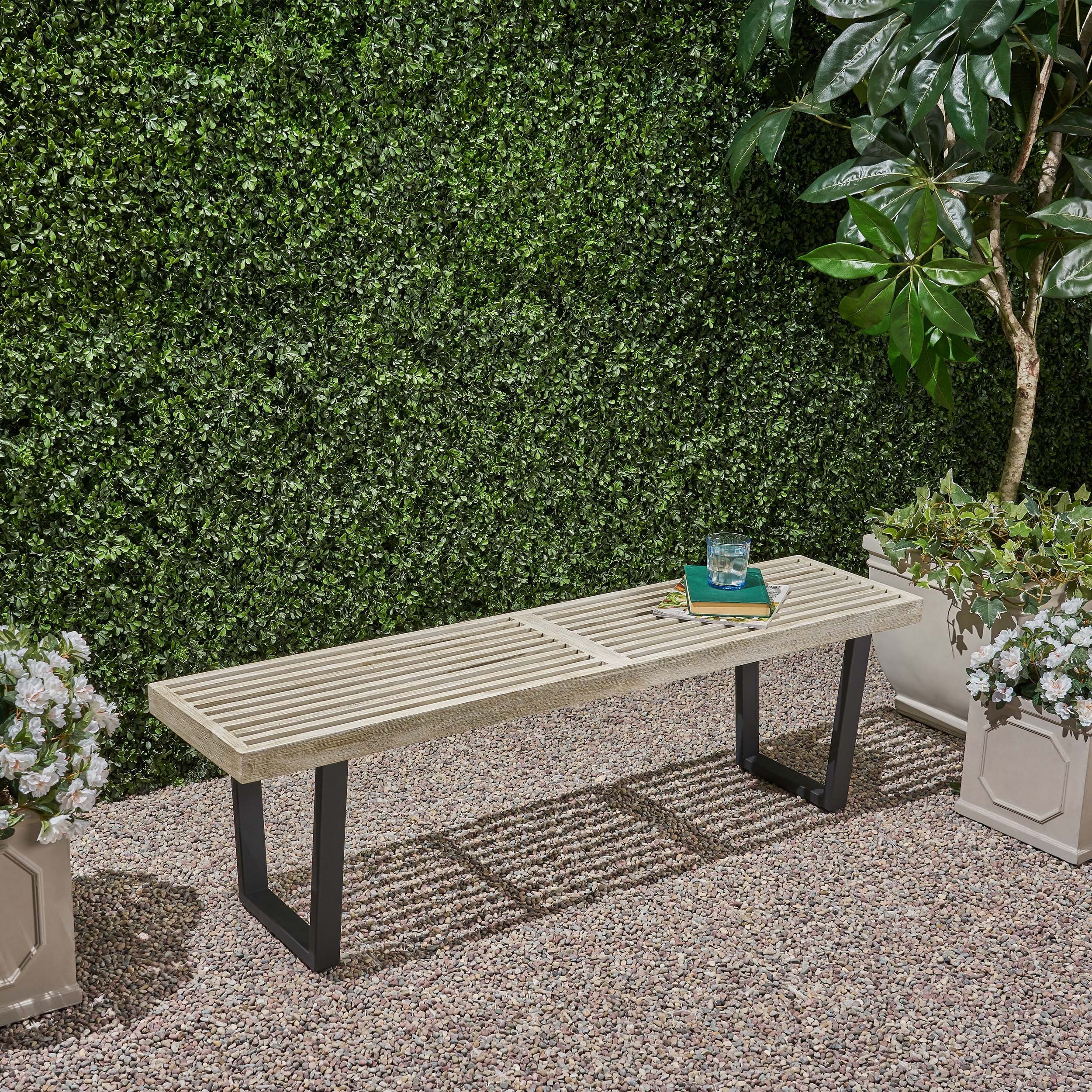 Intrinsic Outdoor Dining Bench with Iron Legs and Slat Top, Black+ Gray - Grand Goldman Shop