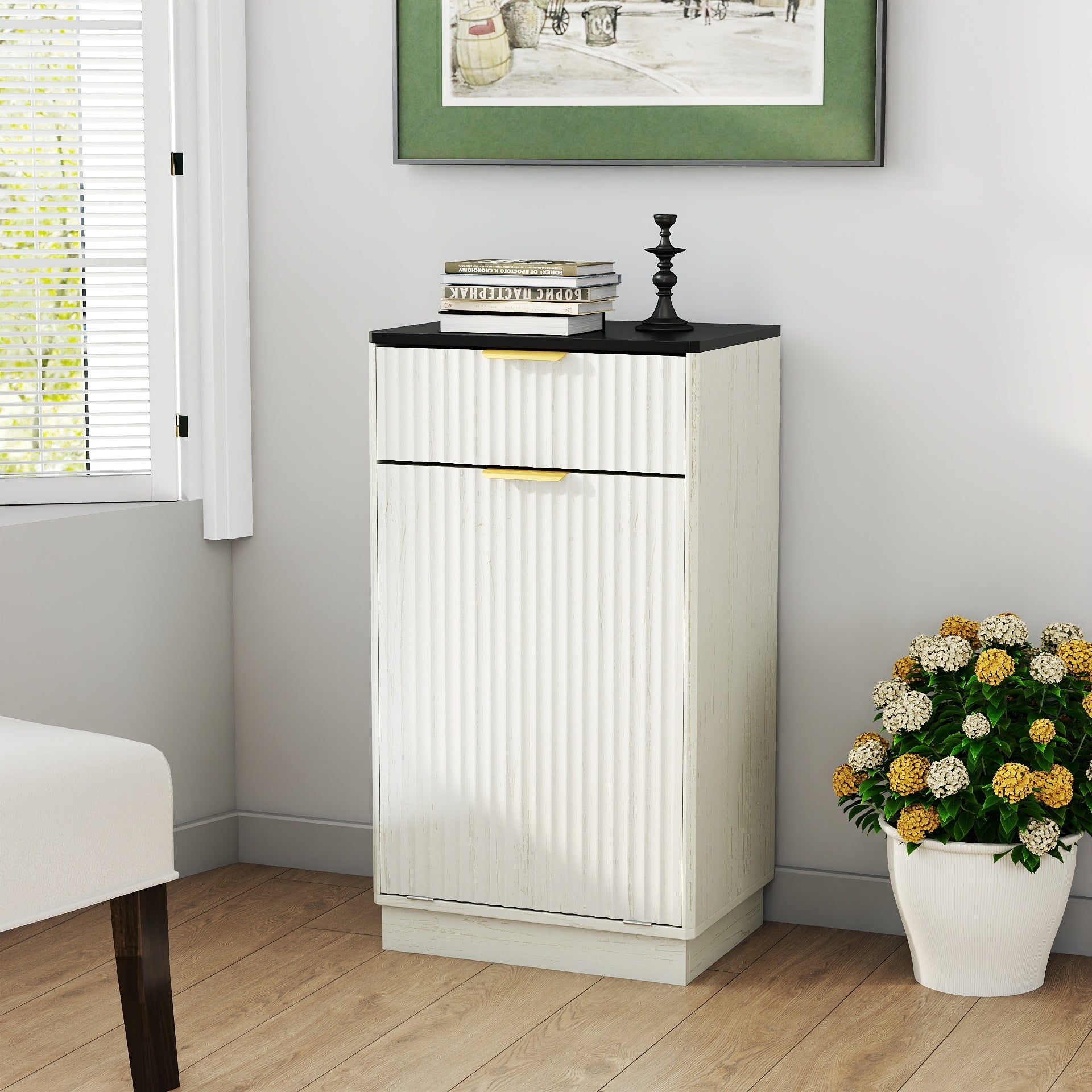 10-Gallon Woodgrain Tilt-Out Trash Can Cabinet Wooden Garbage Recycling Cabinet with Wave-Textured Hideaway Drawer&Pull-Out Bin-Multipurpose Kitchen/Bath Organizer in Antique White Finish - Grand Goldman Shop