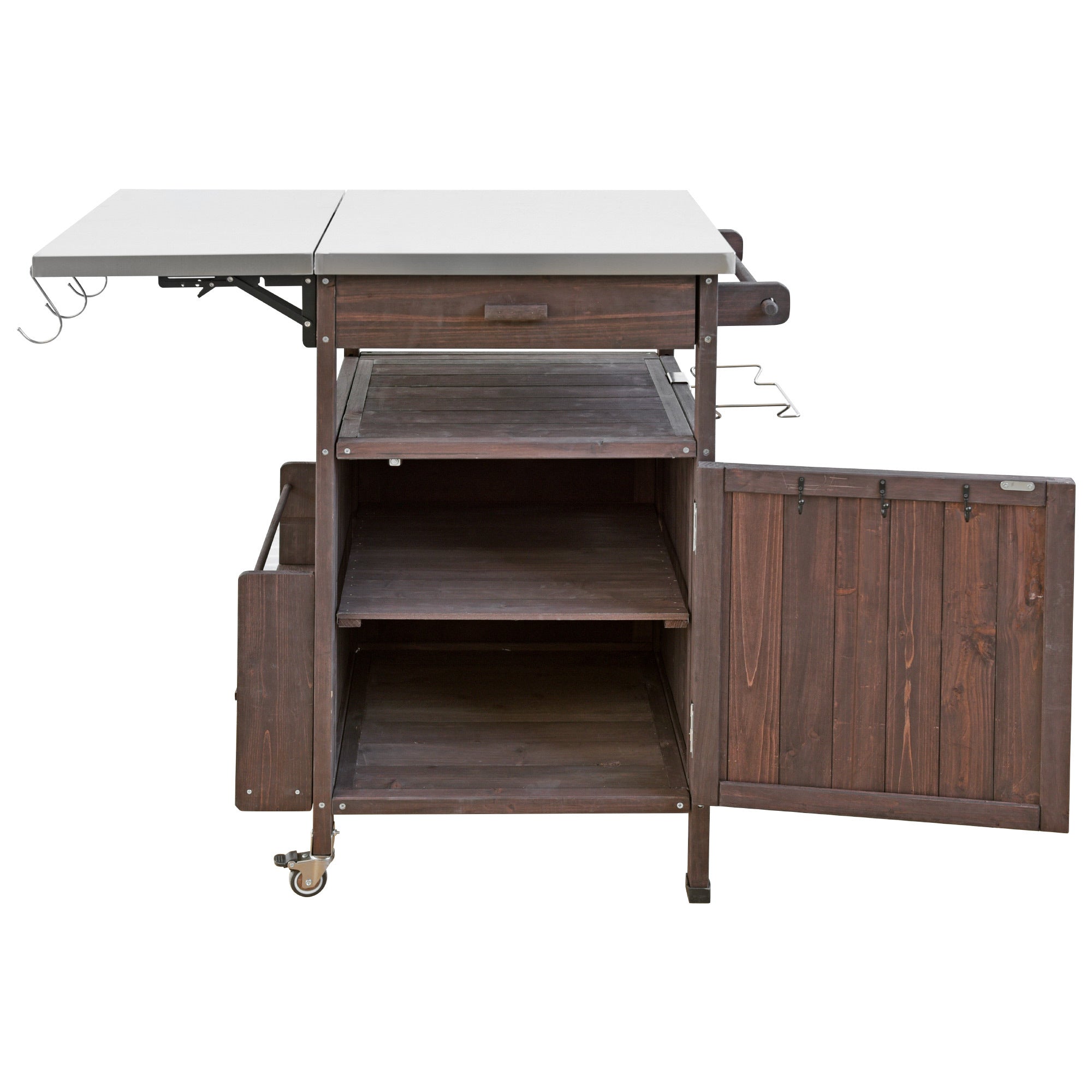 K&K 40.5' Outdoor Grill Cart with Stainless Steel Top, Solid Wood Outdoor Storage Cabinet with Drop Leaf, One Drawer, Towel Rack, Rolling Kitchen Cart with Lockable Wheels for Lawn Garden, Brown - Grand Goldman Shop