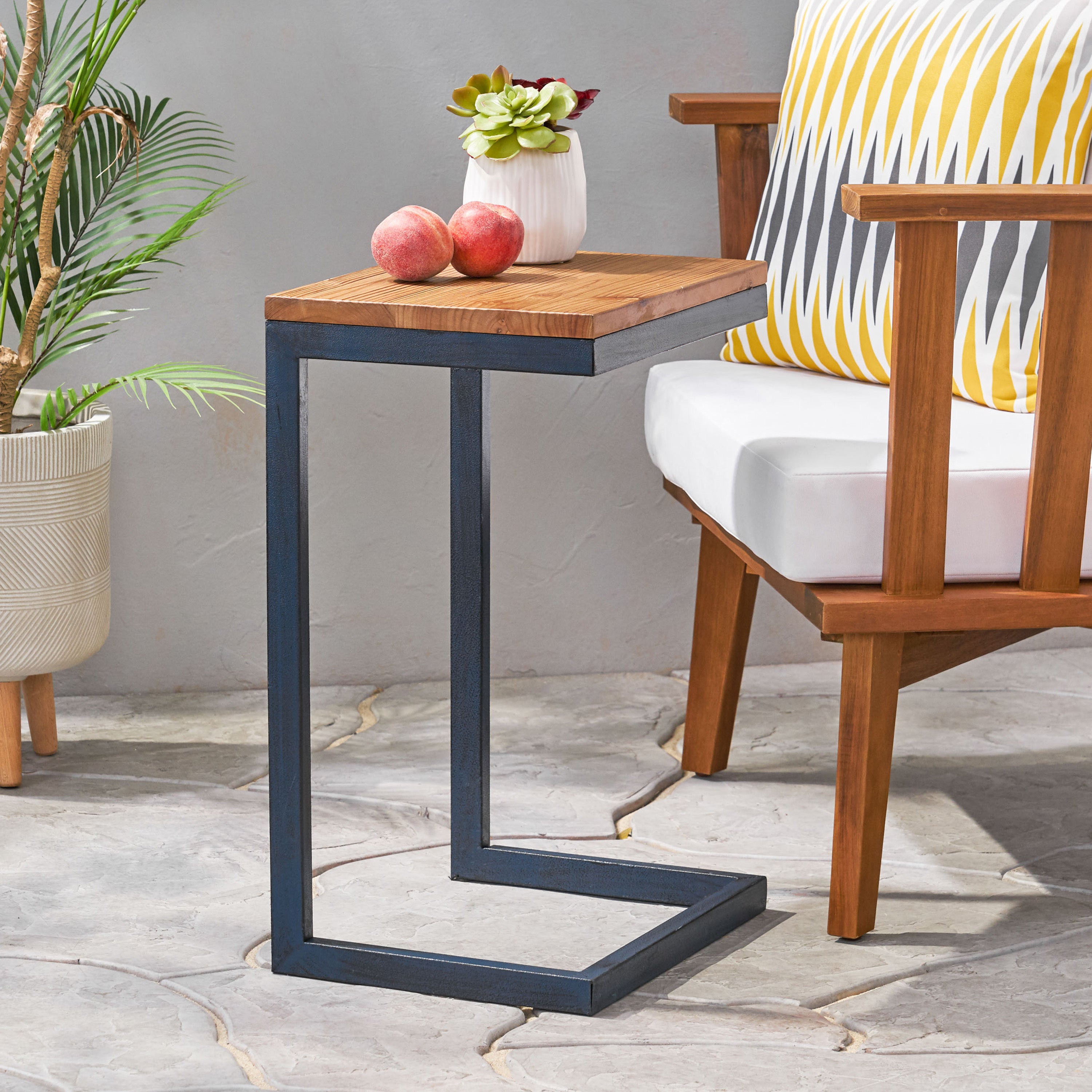 Medium C-shaped End Table with Iron Base and Fir Wood Top, Black - Grand Goldman Shop