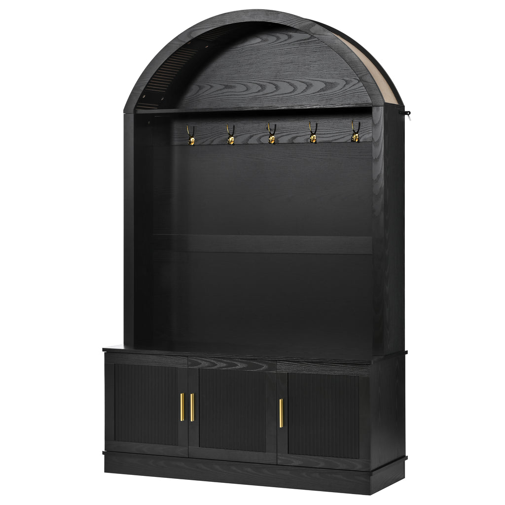 Farmhouse Fabric Arched Top Hall Tree with 5 Metal Hooks, All-in-One Mudroom Furniture with Adjustable Shelves, Mid-Century Fluted Door Entryway Bench with Wood Grain Finish for Hallway, Black - Grand Goldman Shop