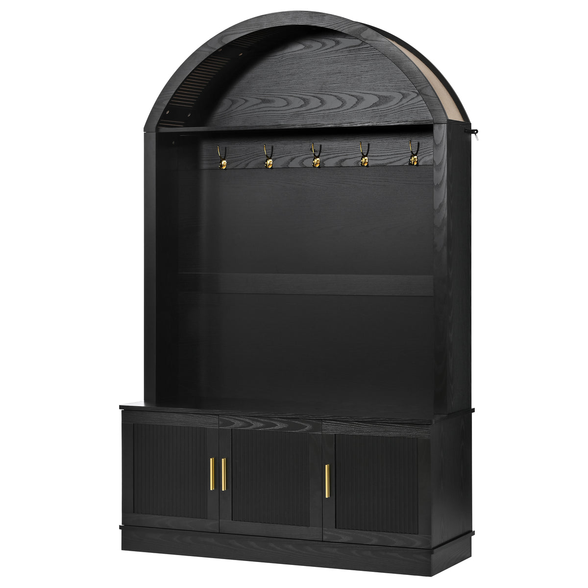 Farmhouse Fabric Arched Top Hall Tree with 5 Metal Hooks, All-in-One Mudroom Furniture with Adjustable Shelves, Mid-Century Fluted Door Entryway Bench with Wood Grain Finish for Hallway, Black - Grand Goldman Shop