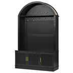 Farmhouse Fabric Arched Top Hall Tree with 5 Metal Hooks, All-in-One Mudroom Furniture with Adjustable Shelves, Mid-Century Fluted Door Entryway Bench with Wood Grain Finish for Hallway, Black - Grand Goldman Shop