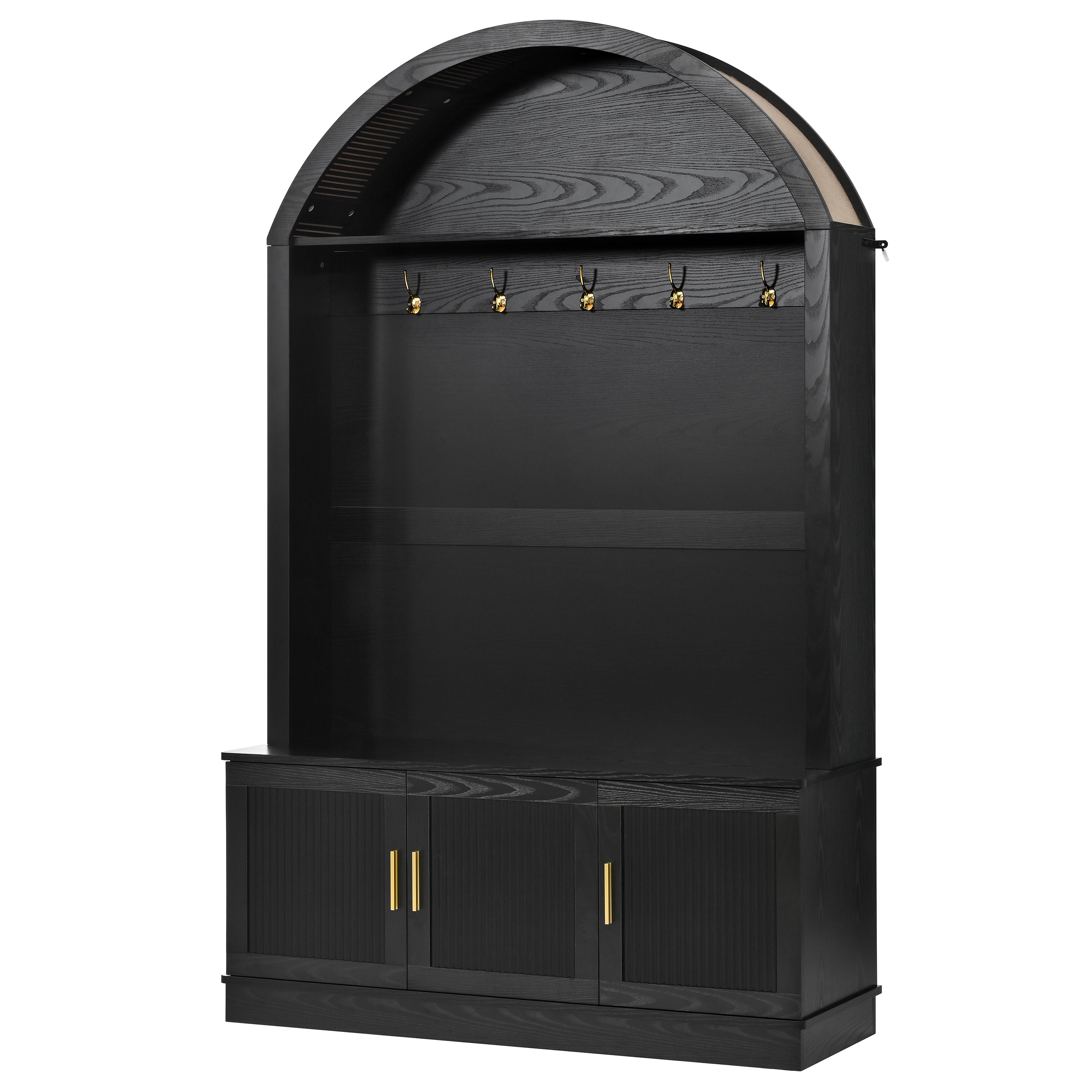 Farmhouse Fabric Arched Top Hall Tree with 5 Metal Hooks, All-in-One Mudroom Furniture with Adjustable Shelves, Mid-Century Fluted Door Entryway Bench with Wood Grain Finish for Hallway, Black - Grand Goldman Shop