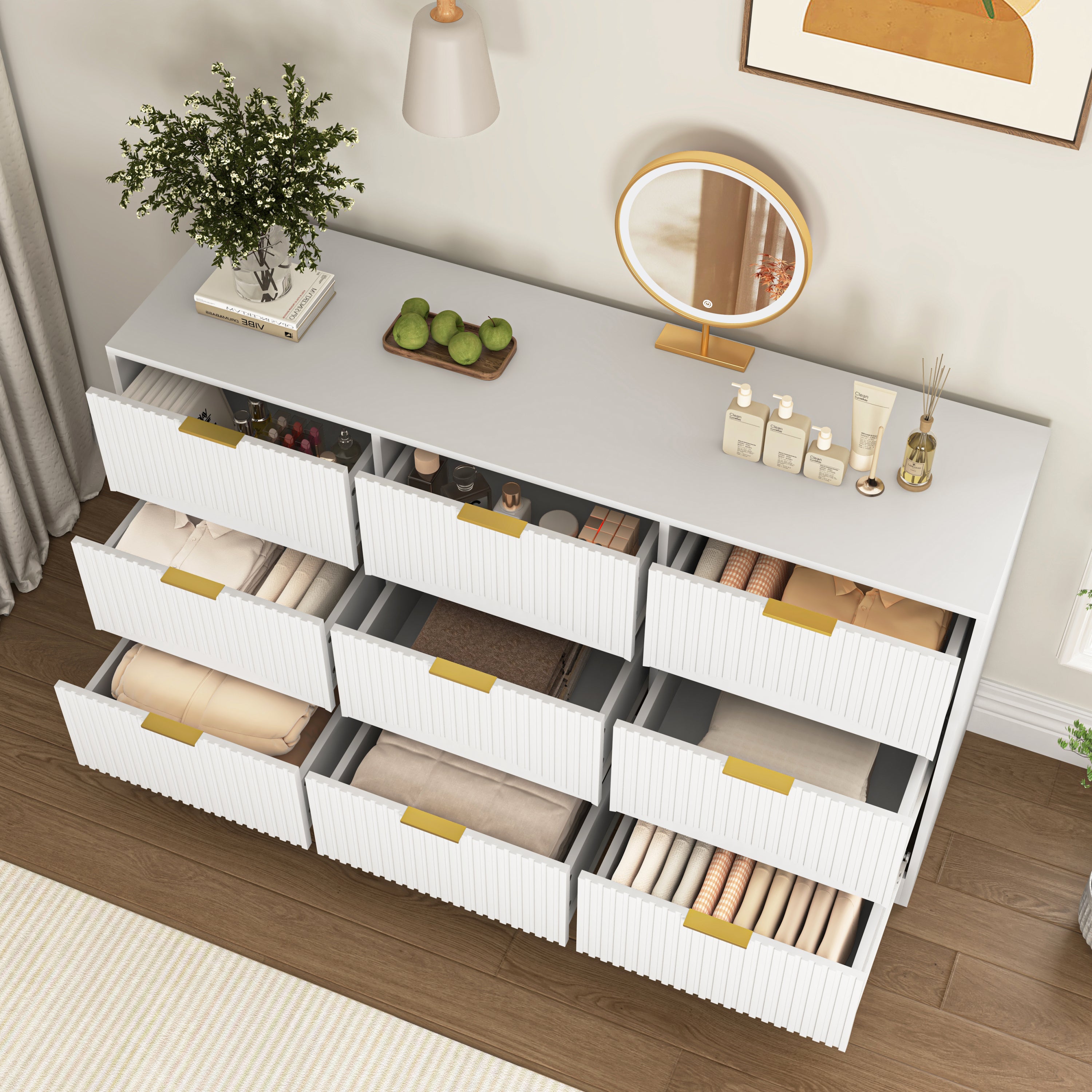 White 9 Drawer Dresser, 63' Large Deep Chest of Drawers, Wooden Dresser Storage Cabinet with 9 Drawers for Bedroom, Long Dressers for Living Room, Hallway, Drawer panel with wavy patterns - Grand Goldman Shop
