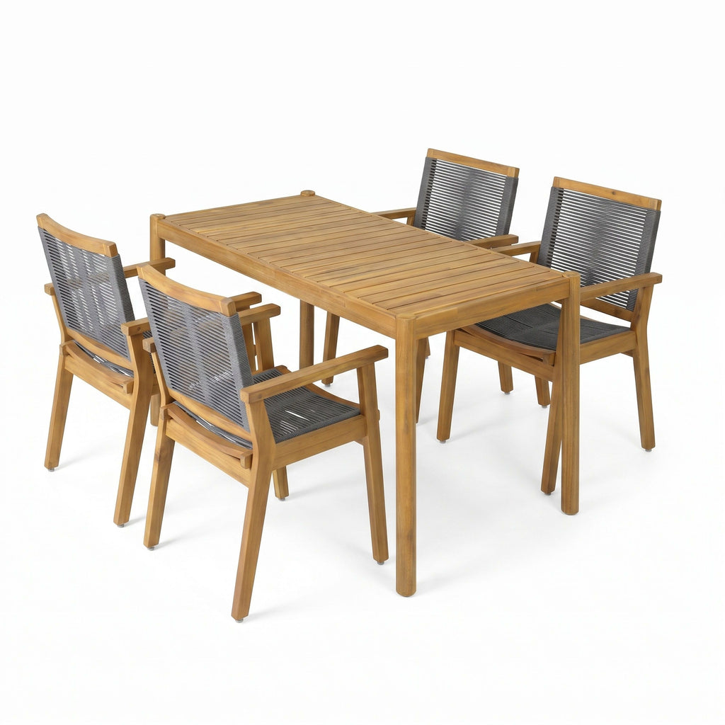 5-teiliges Outdoor-Esszimmer-Set aus Akazienholz mit Teakholz-Tisch und dunkelgrauen Rope-Sesseln
