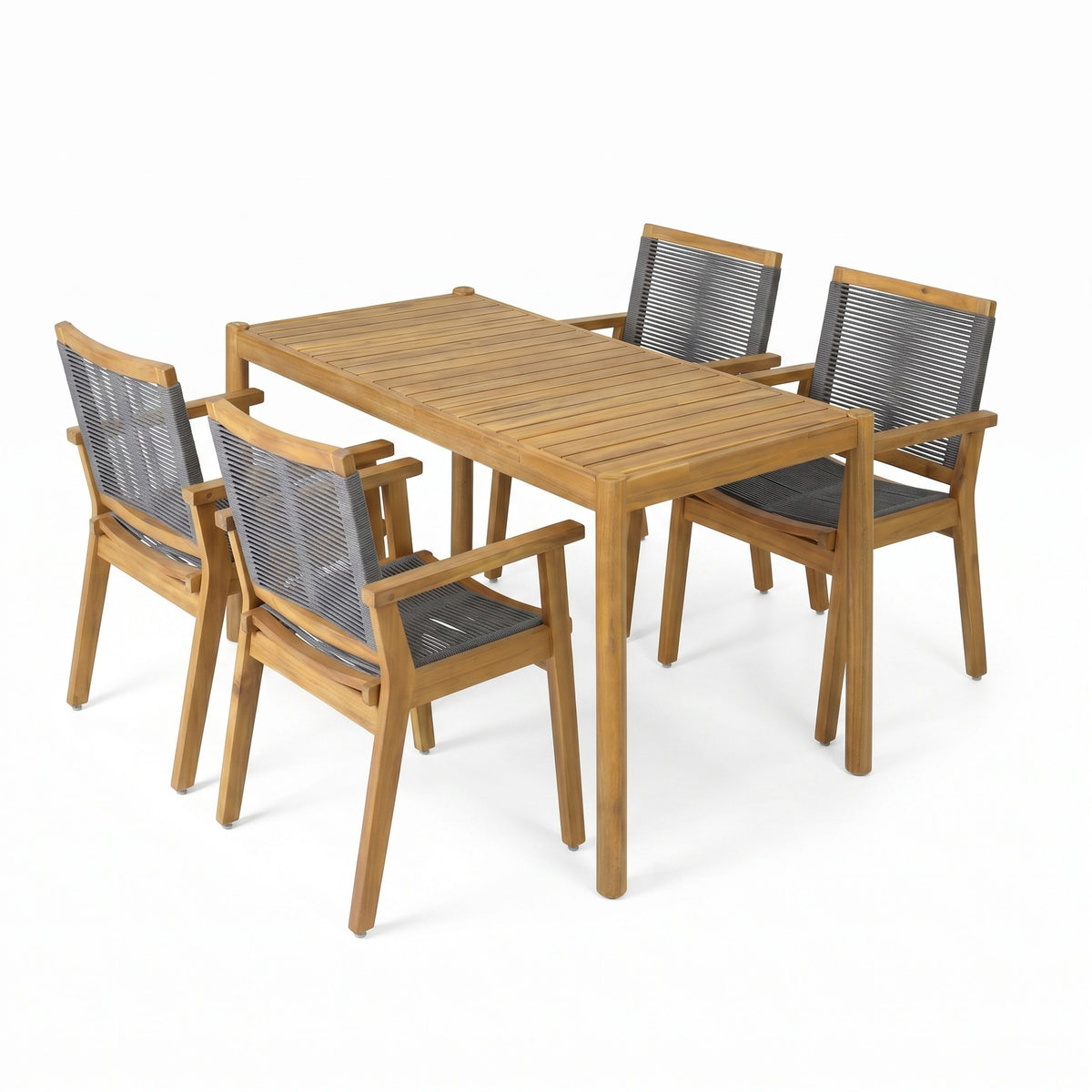 5-teiliges Outdoor-Esszimmer-Set aus Akazienholz mit Teakholz-Tisch und dunkelgrauen Rope-Sesseln