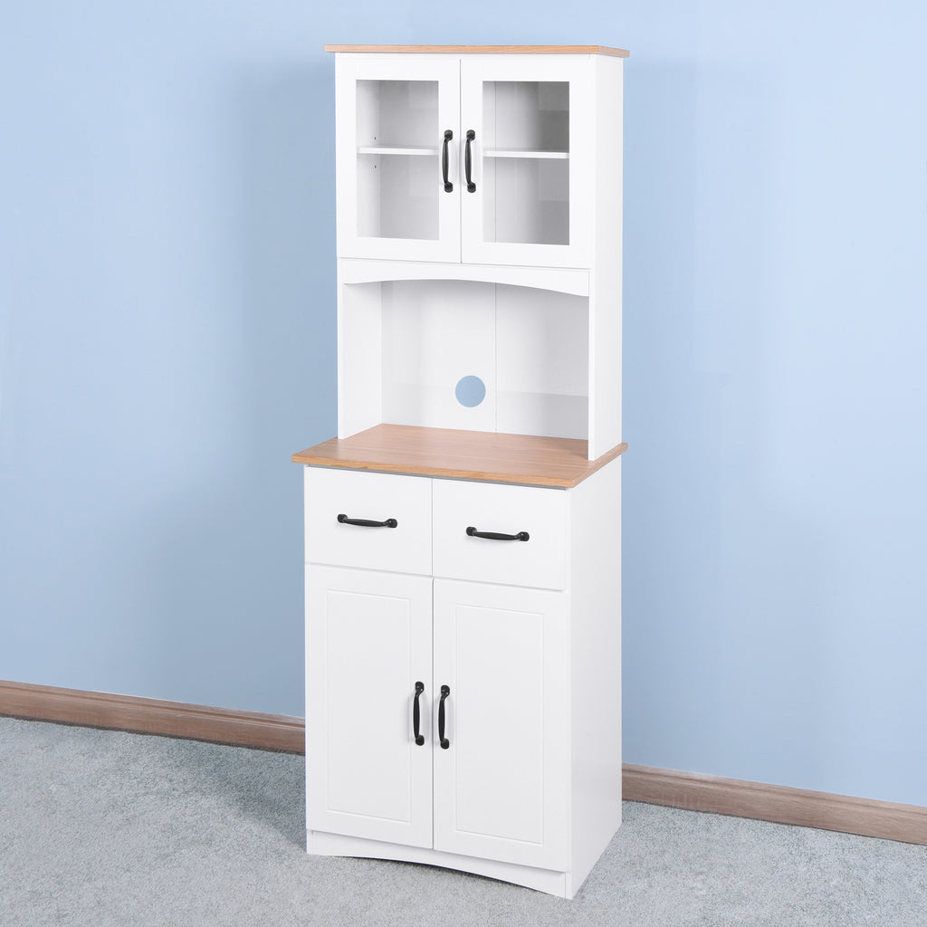 Wooden Kitchen Cabinet White Pantry Room Storage Microwave Cabinet with Framed Glass Doors and Drawer - Grand Goldman Shop