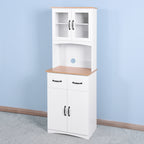 Wooden Kitchen Cabinet White Pantry Room Storage Microwave Cabinet with Framed Glass Doors and Drawer - Grand Goldman Shop