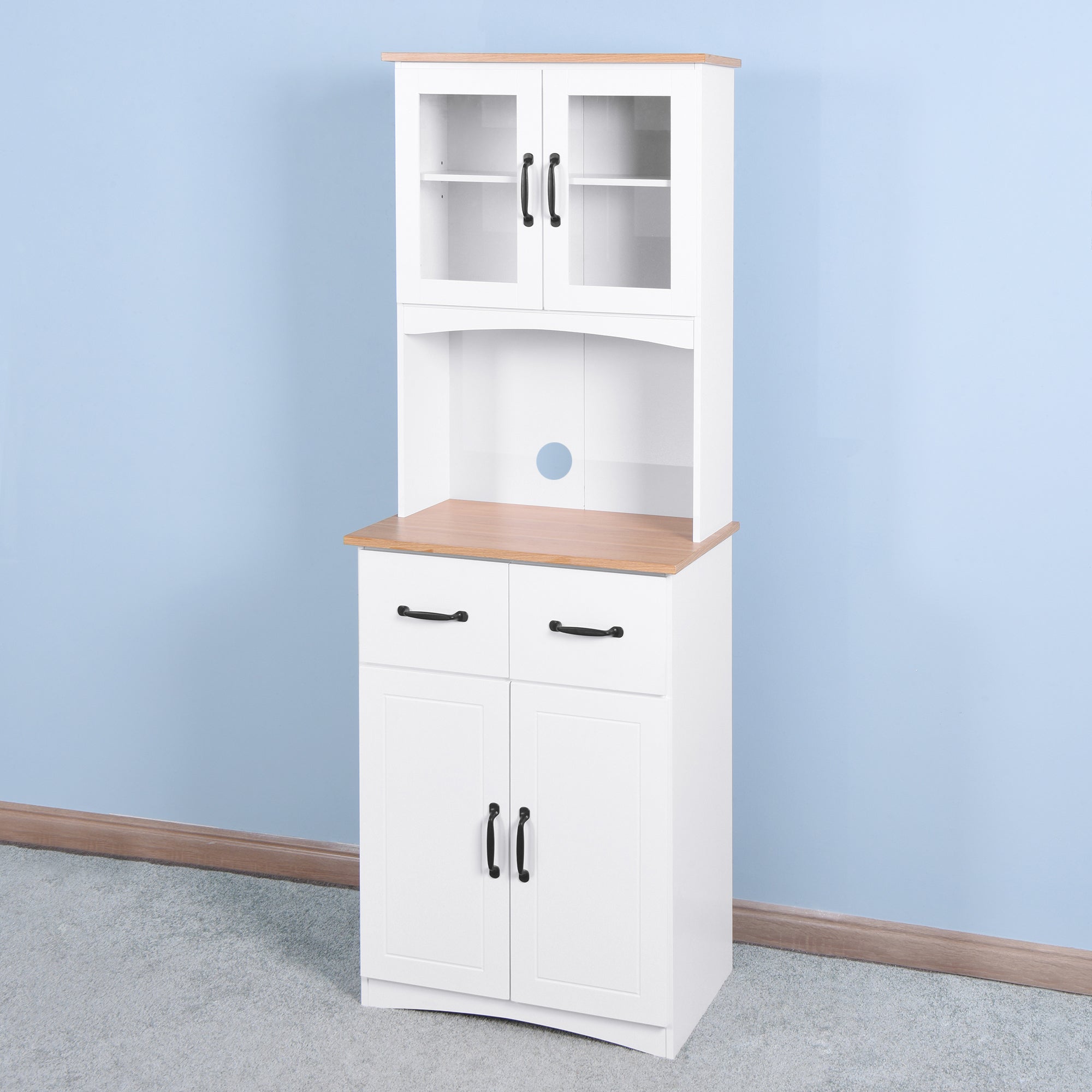 Wooden Kitchen Cabinet White Pantry Room Storage Microwave Cabinet with Framed Glass Doors and Drawer - Grand Goldman Shop