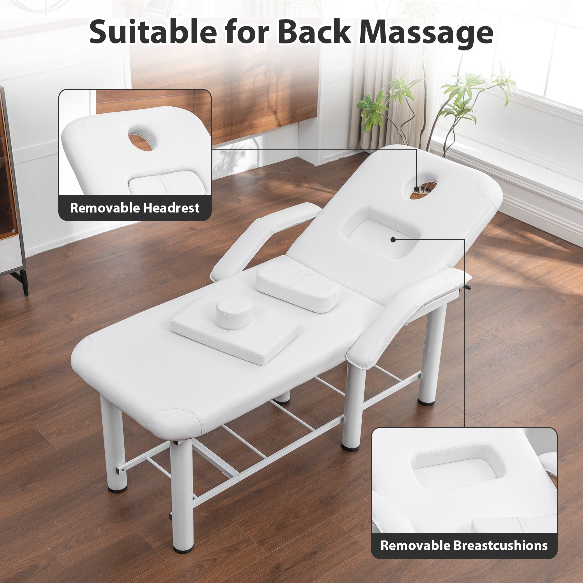 Professional Beauty Bed with Removable Headrest & Breast Cushions, Armrests and Storage Shelf for Full Body Massage, Facial, 
