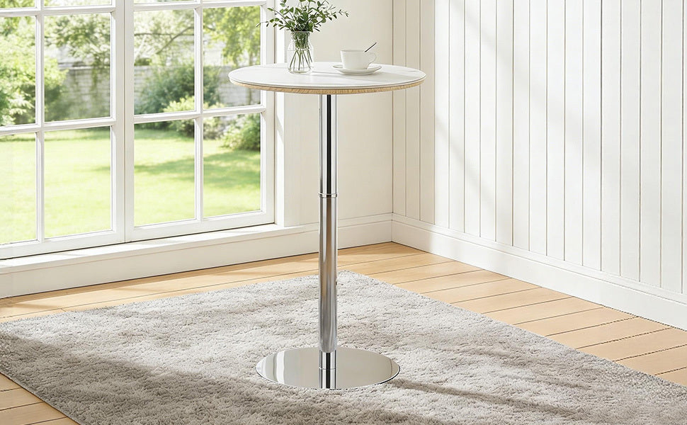 Rock slab circular tabletop non adjustable (39 inches high) bar table, bar table with silver legs and base (white) - Grand Goldman Shop
