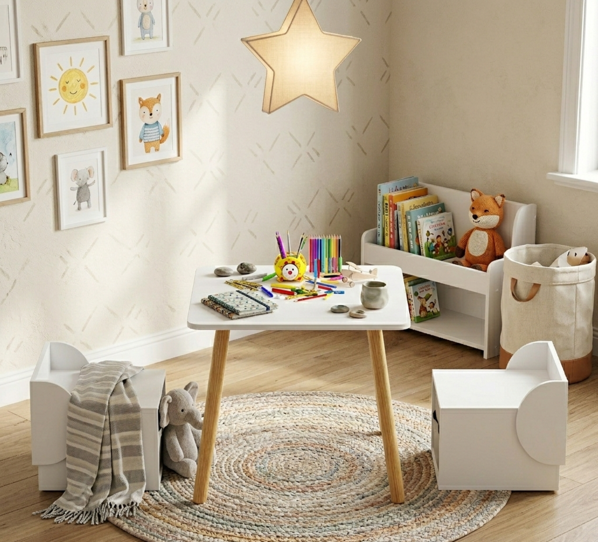 Kids Table and 2 Chair Set with Storage Bins, 3-Piece Toddler Activity Play Table for Arts & Crafts, Reading, Drawing, Wooden