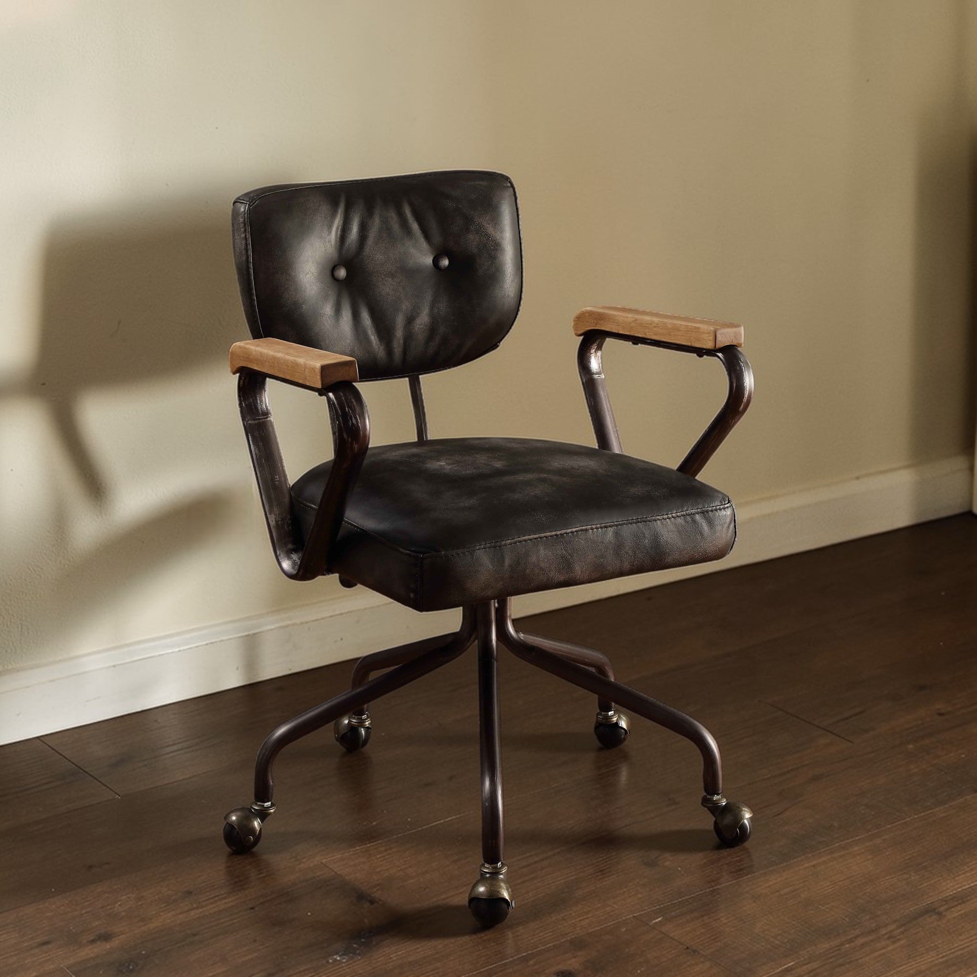 Hallie Vintage Black Top Grain Leather Office Chair - Grand Goldman