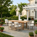 7-teiliges Outdoor-Esstischset aus Akazienholz mit cremefarbenen Kissen, modernes Set mit 6 Stühlen und 1 großem Tisch, Essmöbelset für Rasen, Garten, Terrasse, Pool, Teak+Hellweiß