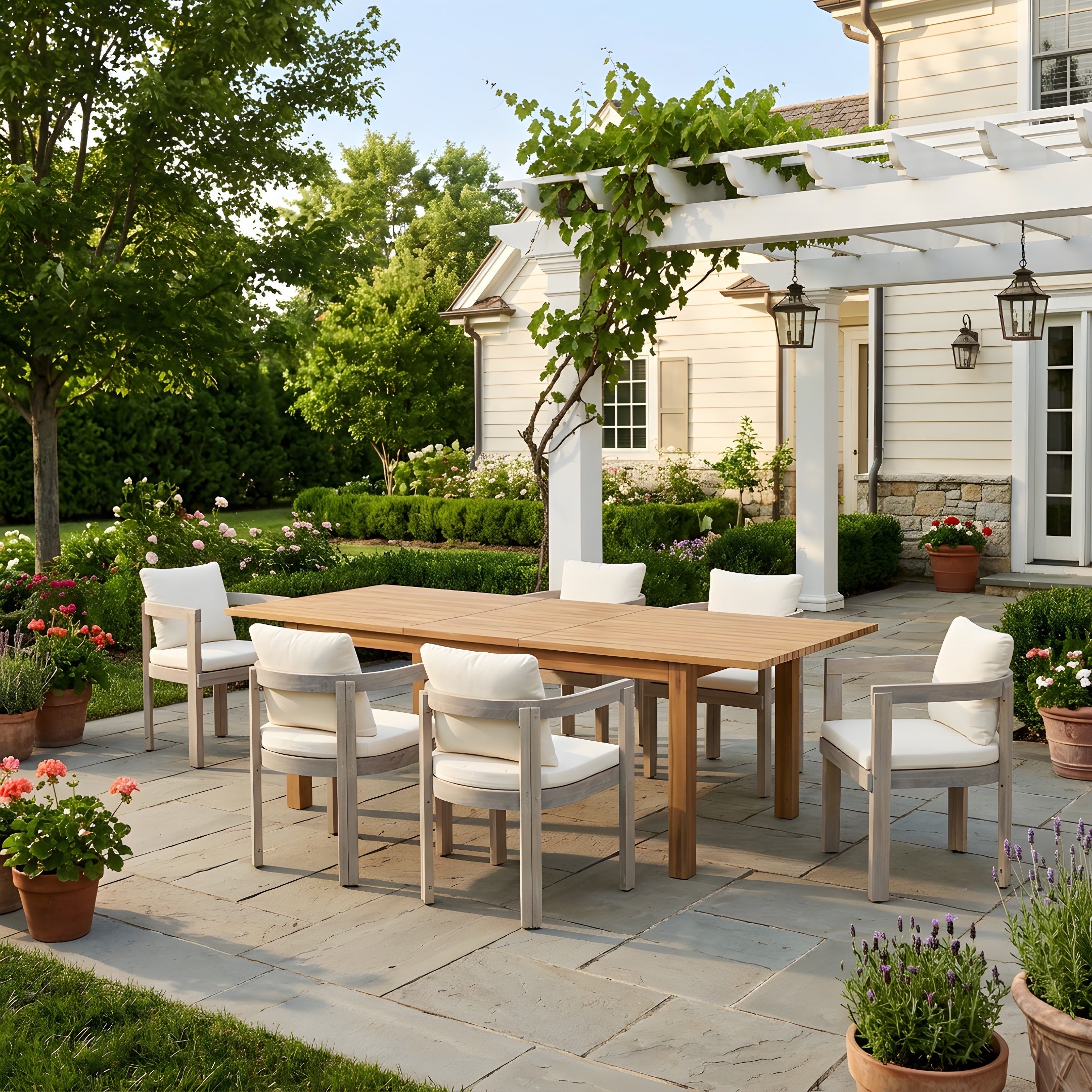 7-teiliges Outdoor-Esstischset aus Akazienholz mit cremefarbenen Kissen, modernes Set mit 6 Stühlen und 1 großem Tisch, Essmöbelset für Rasen, Garten, Terrasse, Pool, Teak+Hellweiß