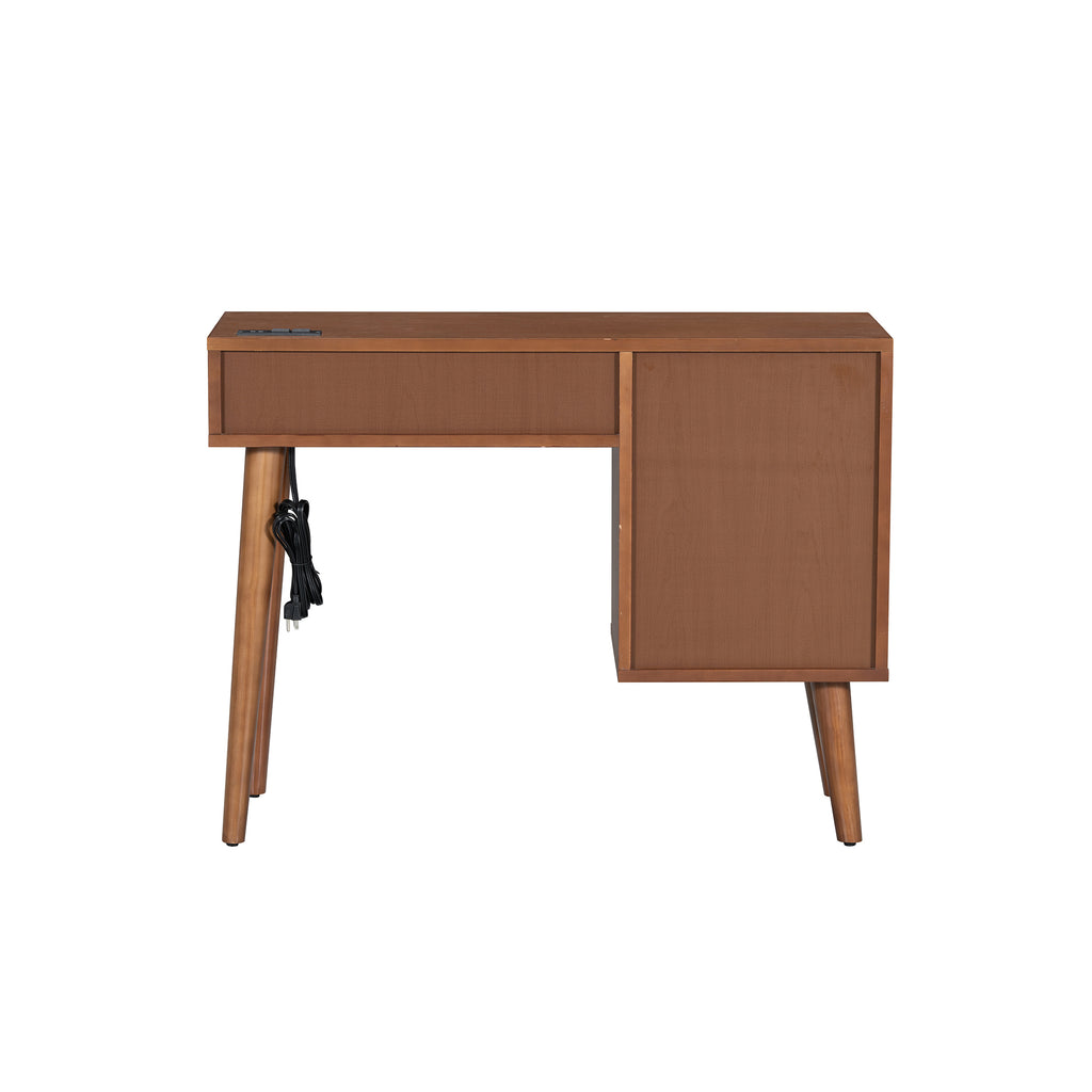 39' Retro Bohemian Style Wooden Makeup Vanity Set with Charging Plug&USB Port and Stool, Dressing Table with 3 Storage Drawers and 1 Rectangular Rattan Drawer, Walnut - Grand Goldman Shop