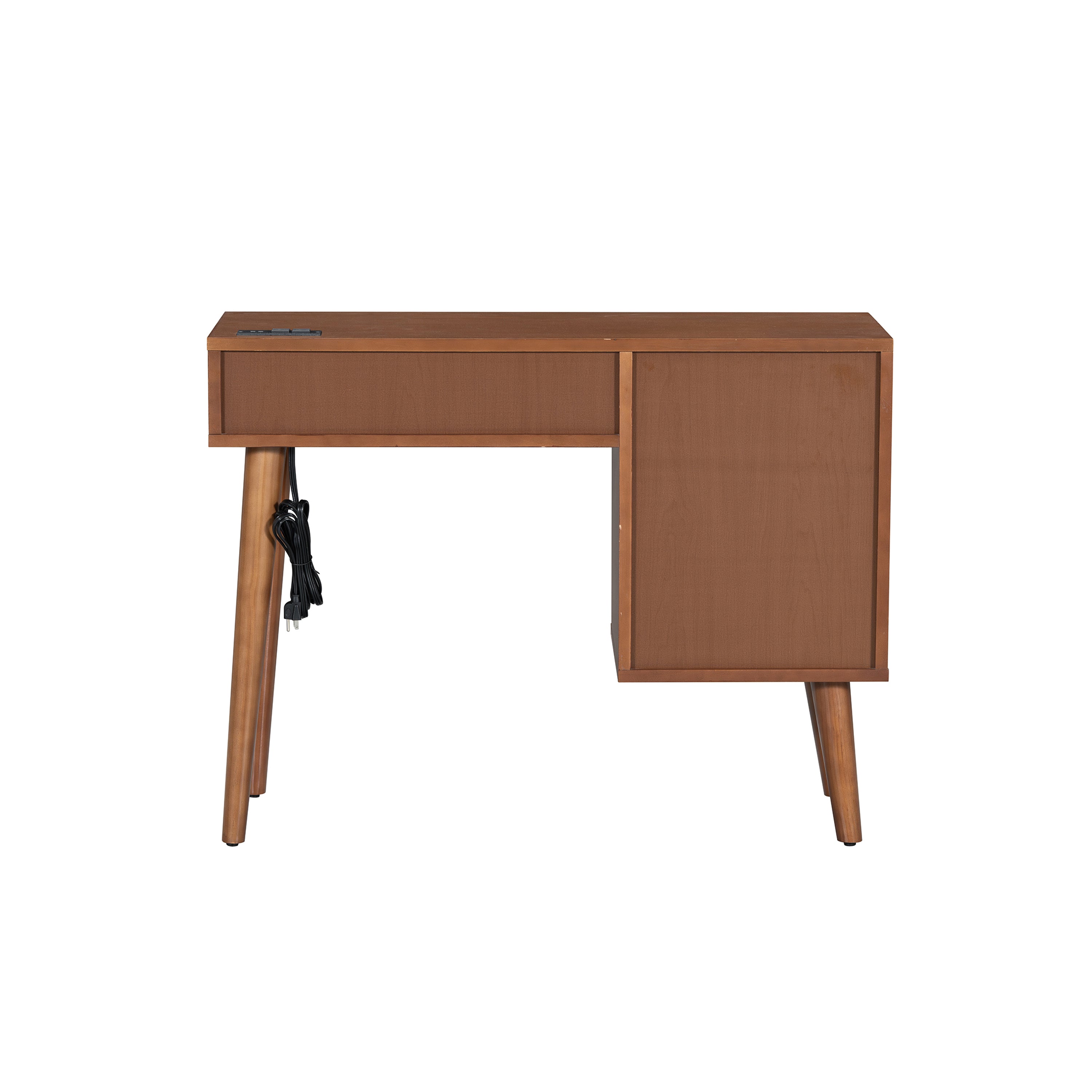 39' Retro Bohemian Style Wooden Makeup Vanity Set with Charging Plug&USB Port and Stool, Dressing Table with 3 Storage Drawers and 1 Rectangular Rattan Drawer, Walnut - Grand Goldman Shop