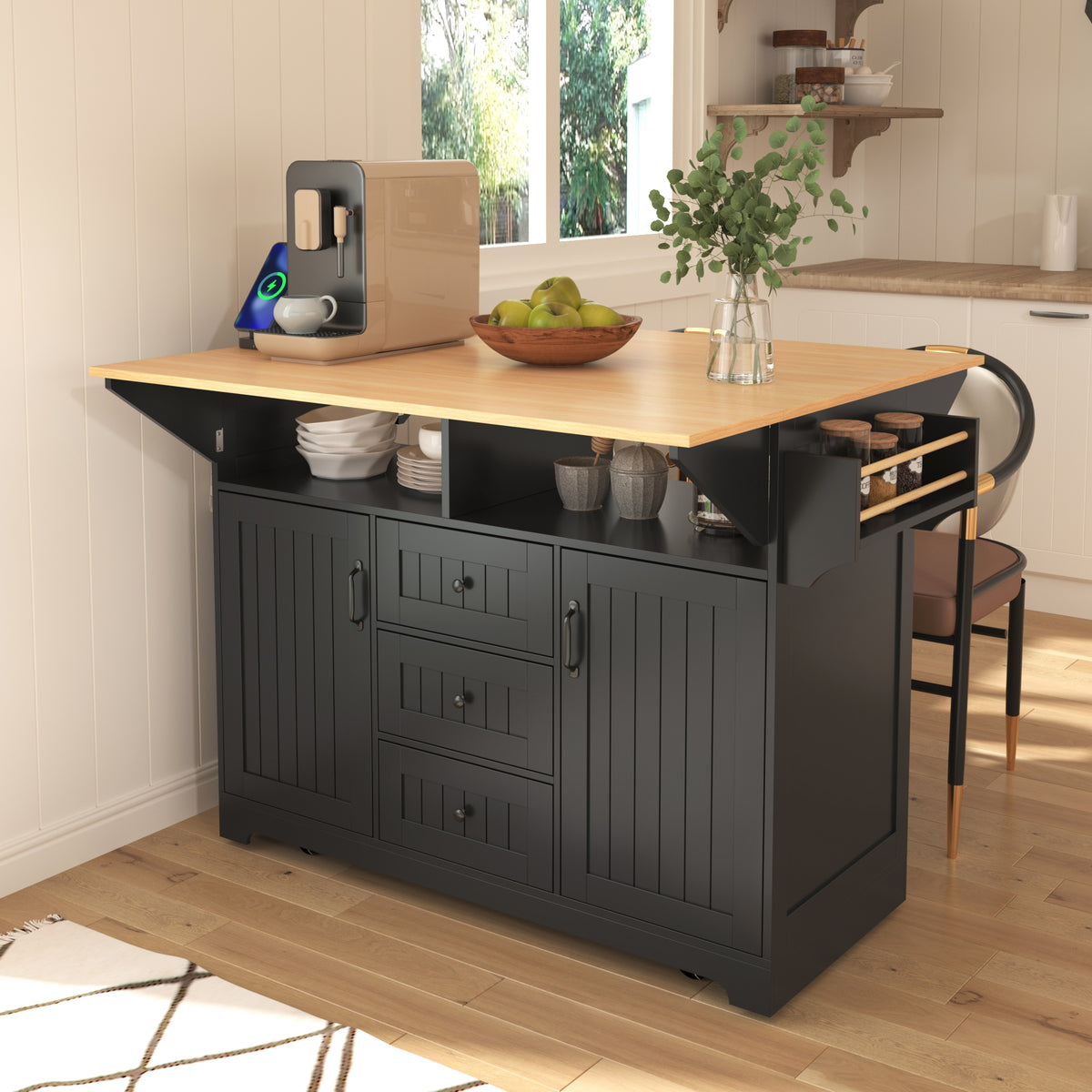 K&K 55.7'' Large Kitchen Island with 2 Drop Leaf,, Rolling Kitchen Cart on 5 Wheels with Power Outlet, Folding Storage Dining Table with Spice & Towel Rack , 3 Drawers, for Kitchen, Dining Room,Black - Grand Goldman Shop