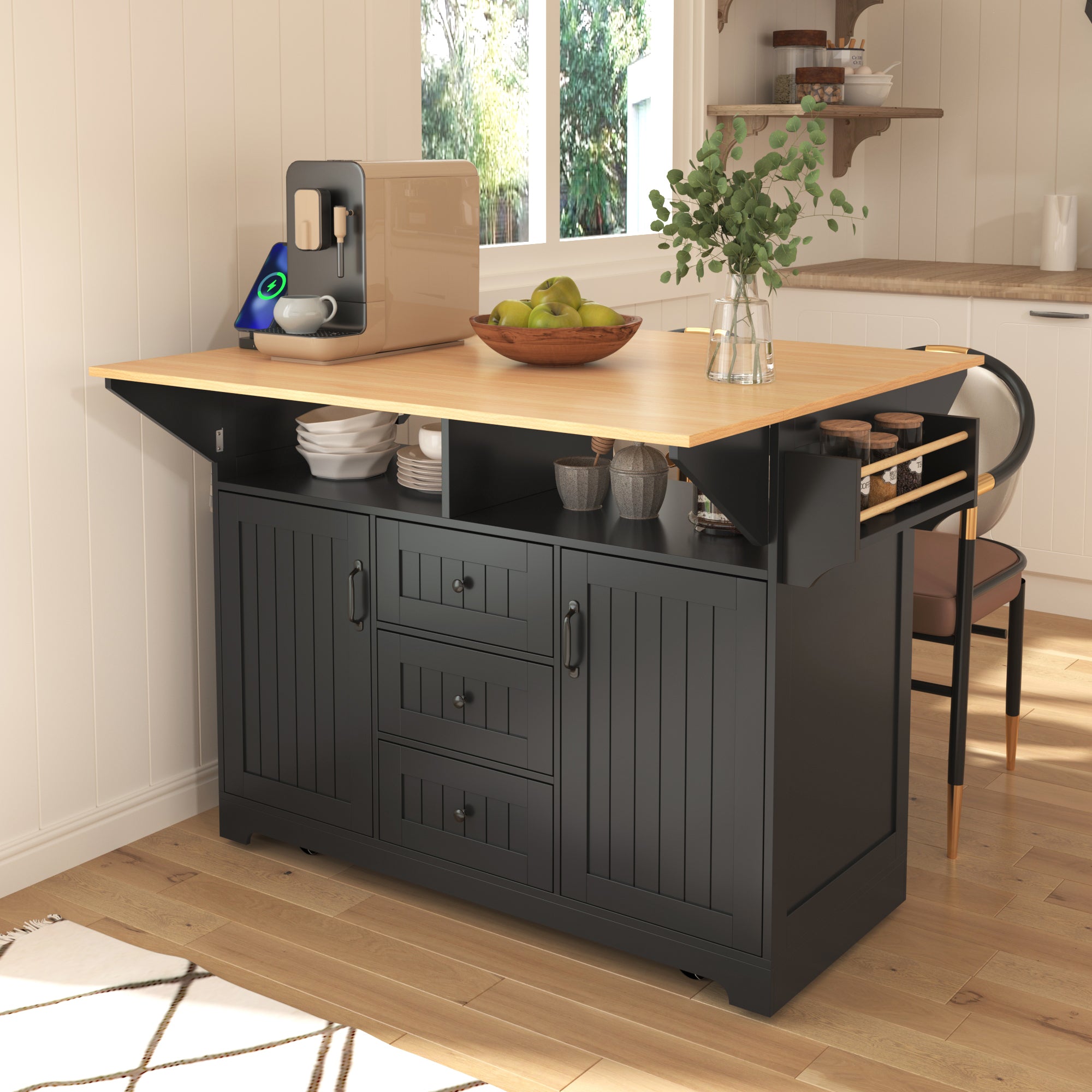 K&K 55.7'' Large Kitchen Island with 2 Drop Leaf,, Rolling Kitchen Cart on 5 Wheels with Power Outlet, Folding Storage Dining Table with Spice & Towel Rack , 3 Drawers, for Kitchen, Dining Room,Black - Grand Goldman Shop