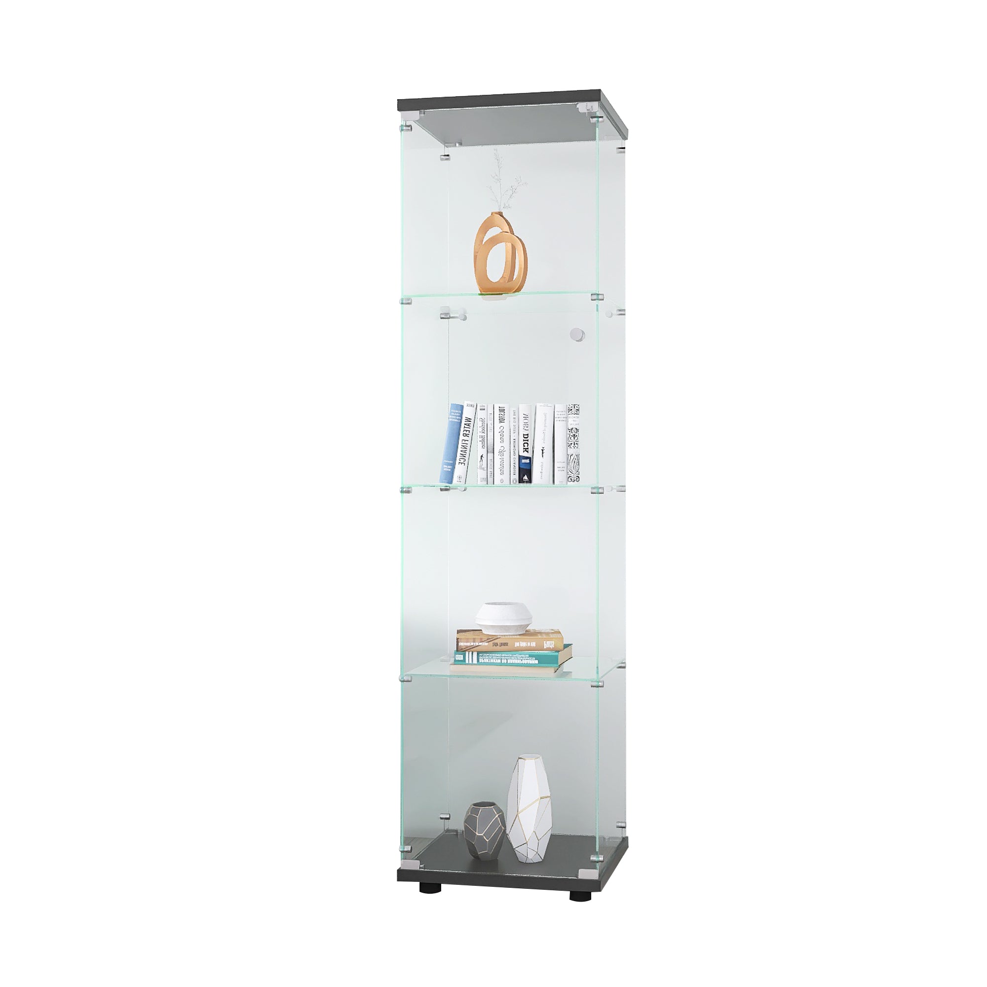 Glass Display Cabinet 4 Shelves with Door, Floor Standing Curio Bookshelf for Living Room Bedroom Office, 64.7'*16.7'*14.3', 