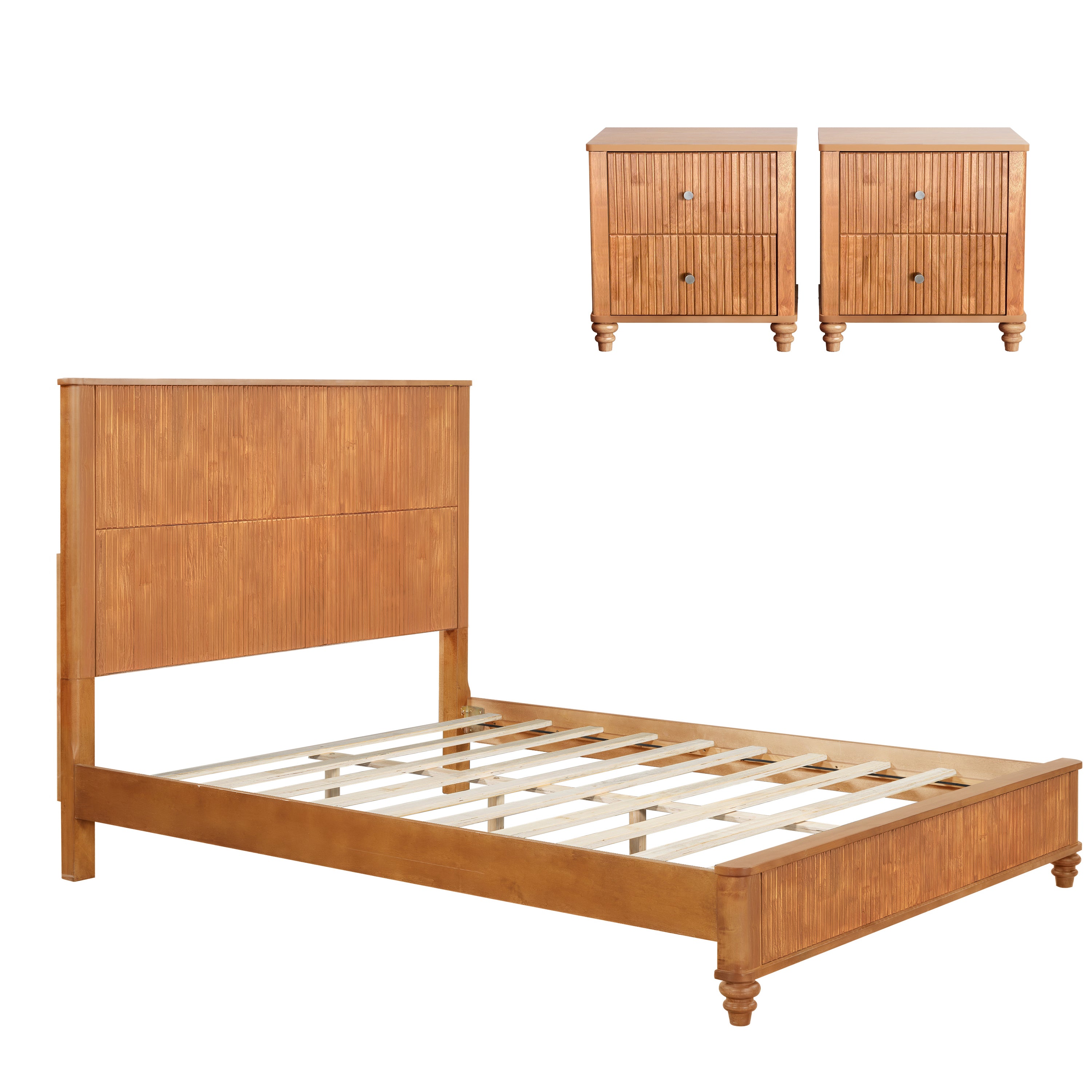 3-Piece Bedroom set with a Queen Size Bed and 2 Nightstands, Natural - Grand Goldman Shop