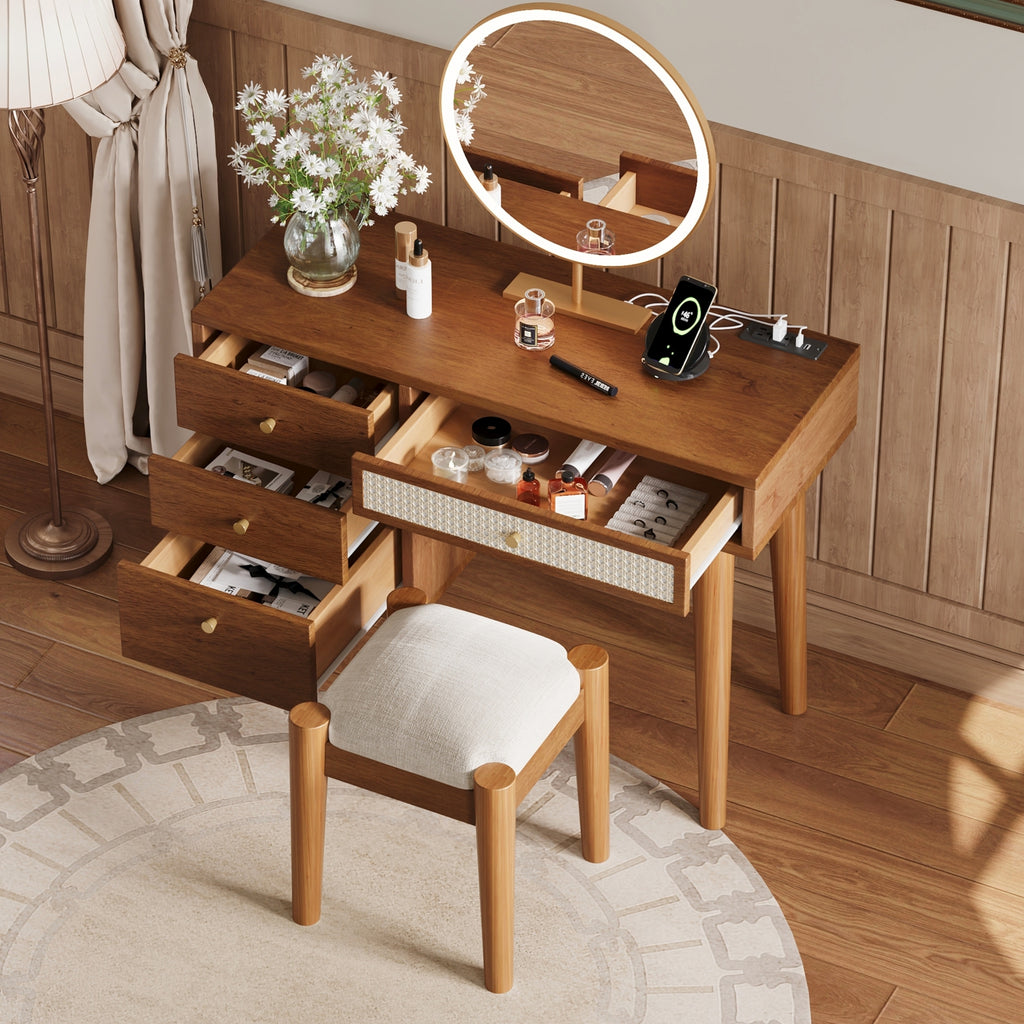 39' Retro Bohemian Style Wooden Makeup Vanity Set with Charging Plug&USB Port and Stool, Dressing Table with 3 Storage Drawers and 1 Rectangular Rattan Drawer, Walnut - Grand Goldman Shop