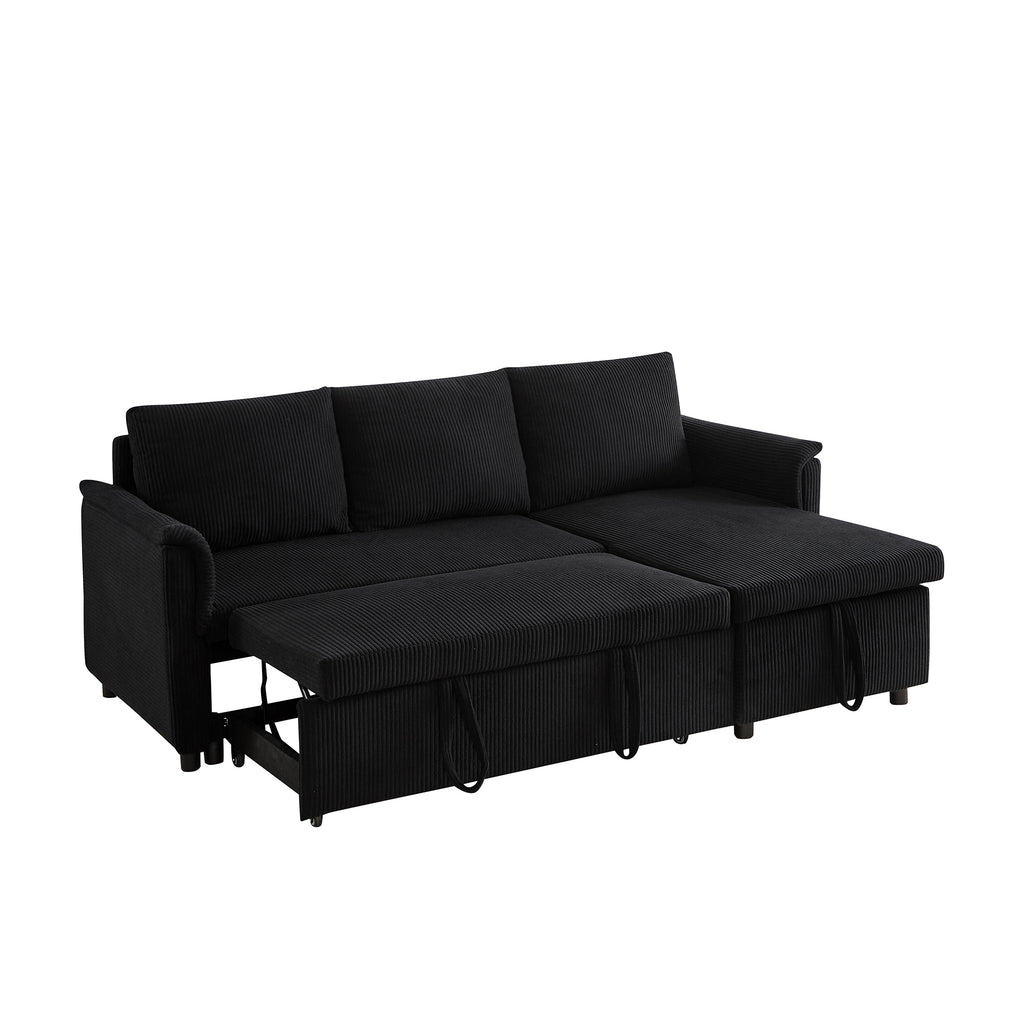 Loveseat Sofa with Chaise Lounge L-Shaped Modular Convertible Sofa with Storage Chaise, Corduroy Tufted Upholstered Sleeper Sectional Sofa,Pull Out Sleep Couch Bed and Reclining Backrest-Black - Grand Goldman Shop