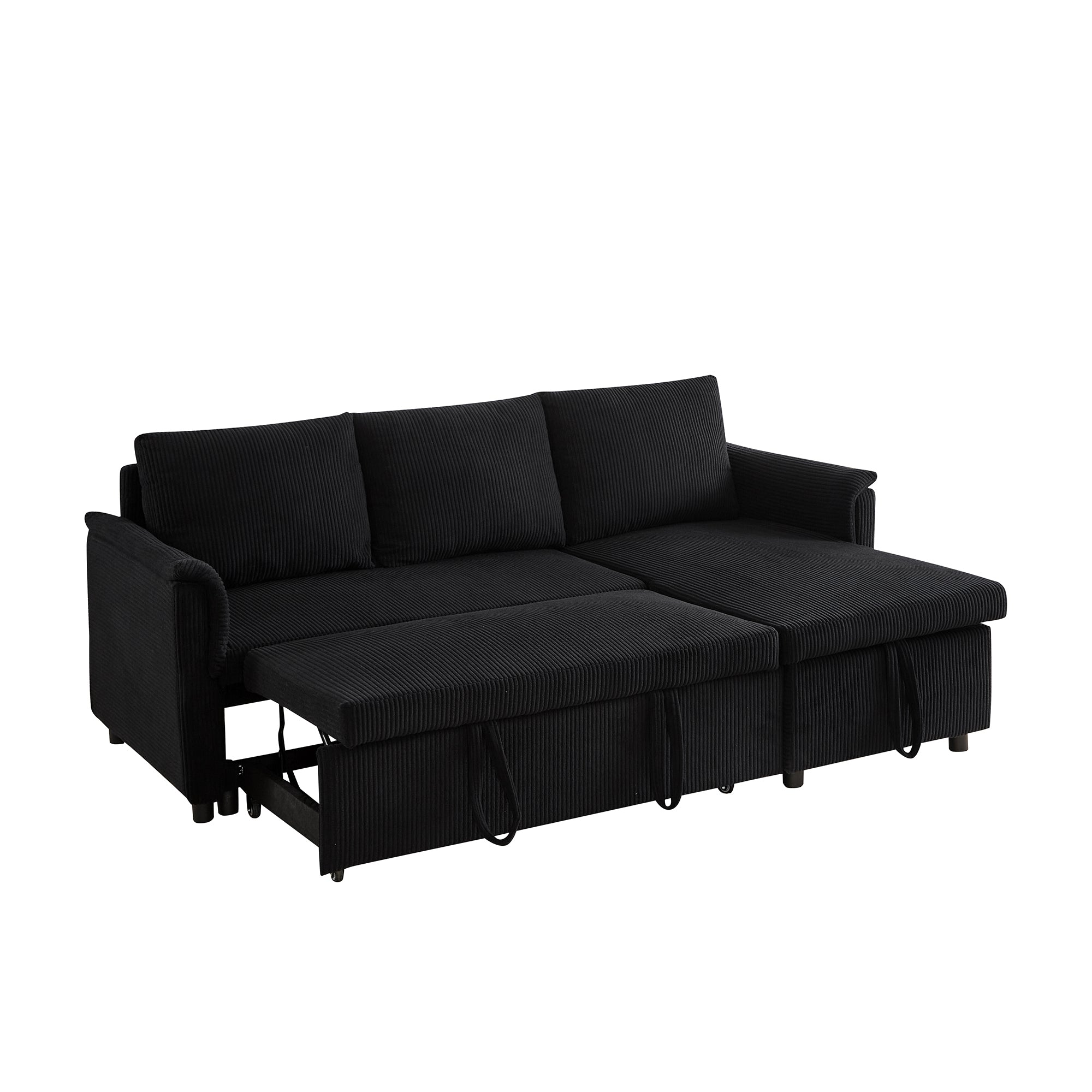 Loveseat Sofa with Chaise Lounge L-Shaped Modular Convertible Sofa with Storage Chaise, Corduroy Tufted Upholstered Sleeper Sectional Sofa,Pull Out Sleep Couch Bed and Reclining Backrest-Black - Grand Goldman Shop