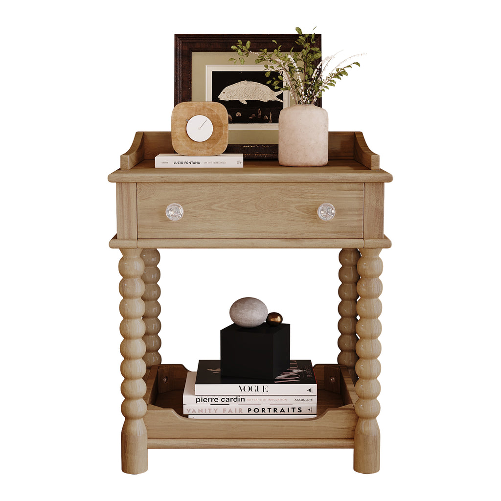 Retro Style Nightstand with Drawer and Open Shelf for Bedroom, Bedside Table with Turned Legs and Metal Handle,Natural - Grand Goldman Shop