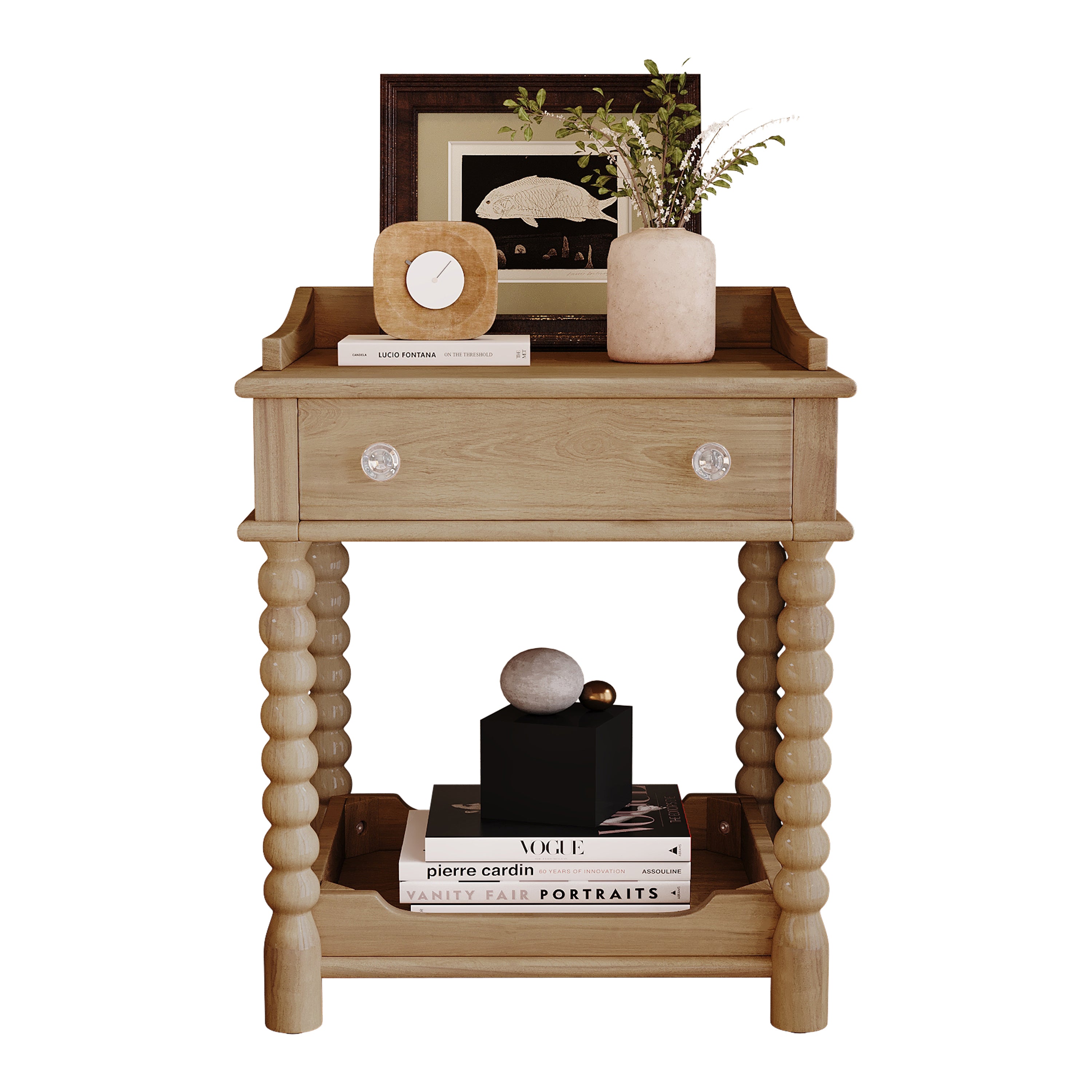 Retro Style Nightstand with Drawer and Open Shelf for Bedroom, Bedside Table with Turned Legs and Metal Handle,Natural - Grand Goldman Shop