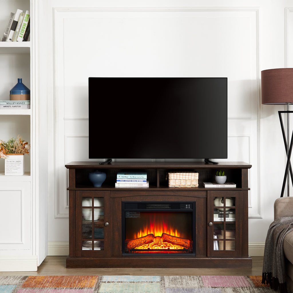 Classic TV Media Stand Modern Entertainment Console with 23' Fireplace Insert for TV Up to 65' with Open and Closed Storage Space, Espresso, 58.25'W*15.75'D*32'H - Grand Goldman Shop