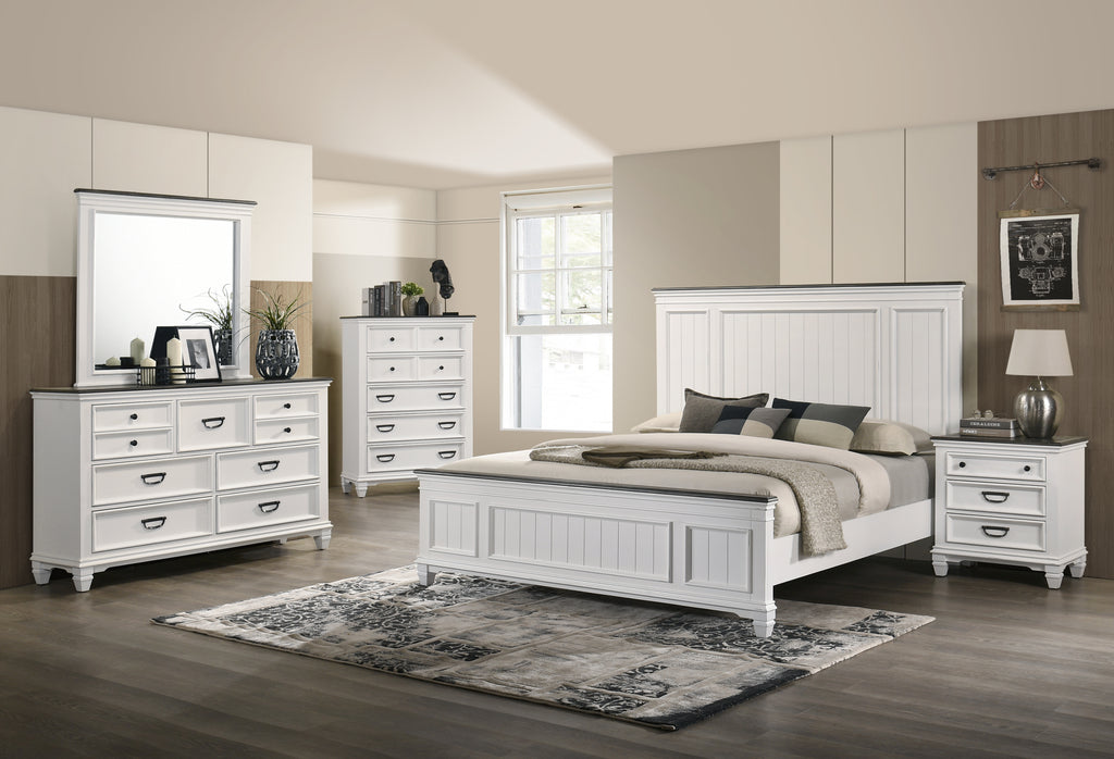 Clelane Wood Bedroom 6 piece Set with Shiplap Panel Queen Bed, Dresser, Mirror, Two Nightstands, and Chest - Grand Goldman Shop