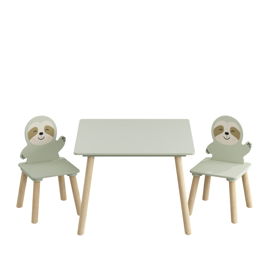 Kids Table and Chair Set with 2 Cute Sloth Chairs, Wooden Toddler Activity Table, Cute Animal Design Play & Study Set for Pla