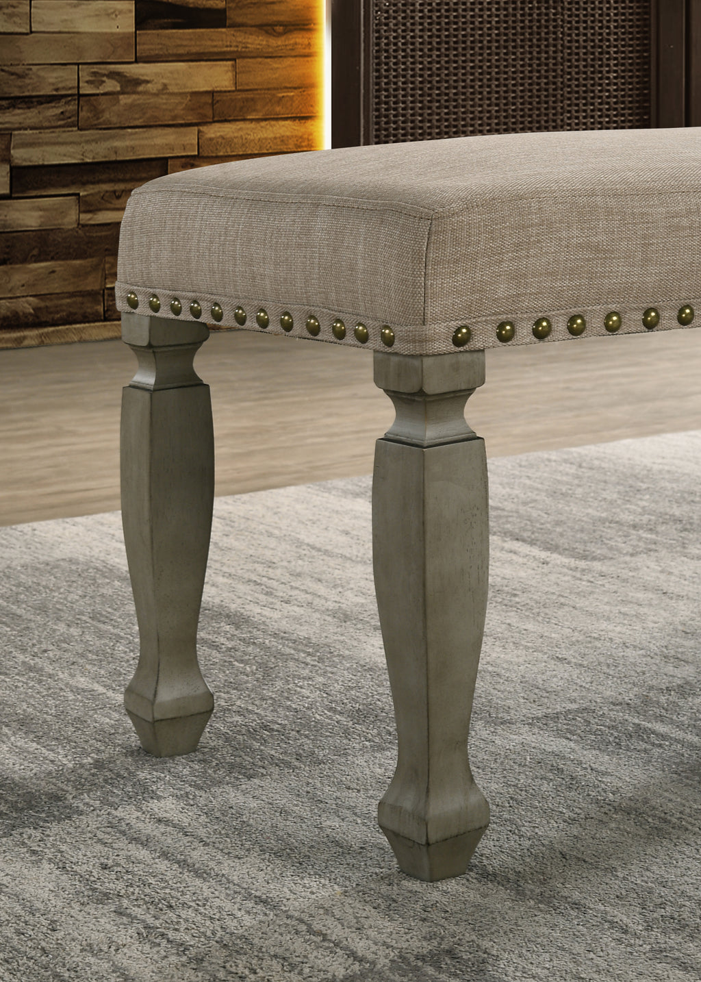 Breda Antique Gray Finish Upholstered Nailhead Bench - Grand Goldman Shop