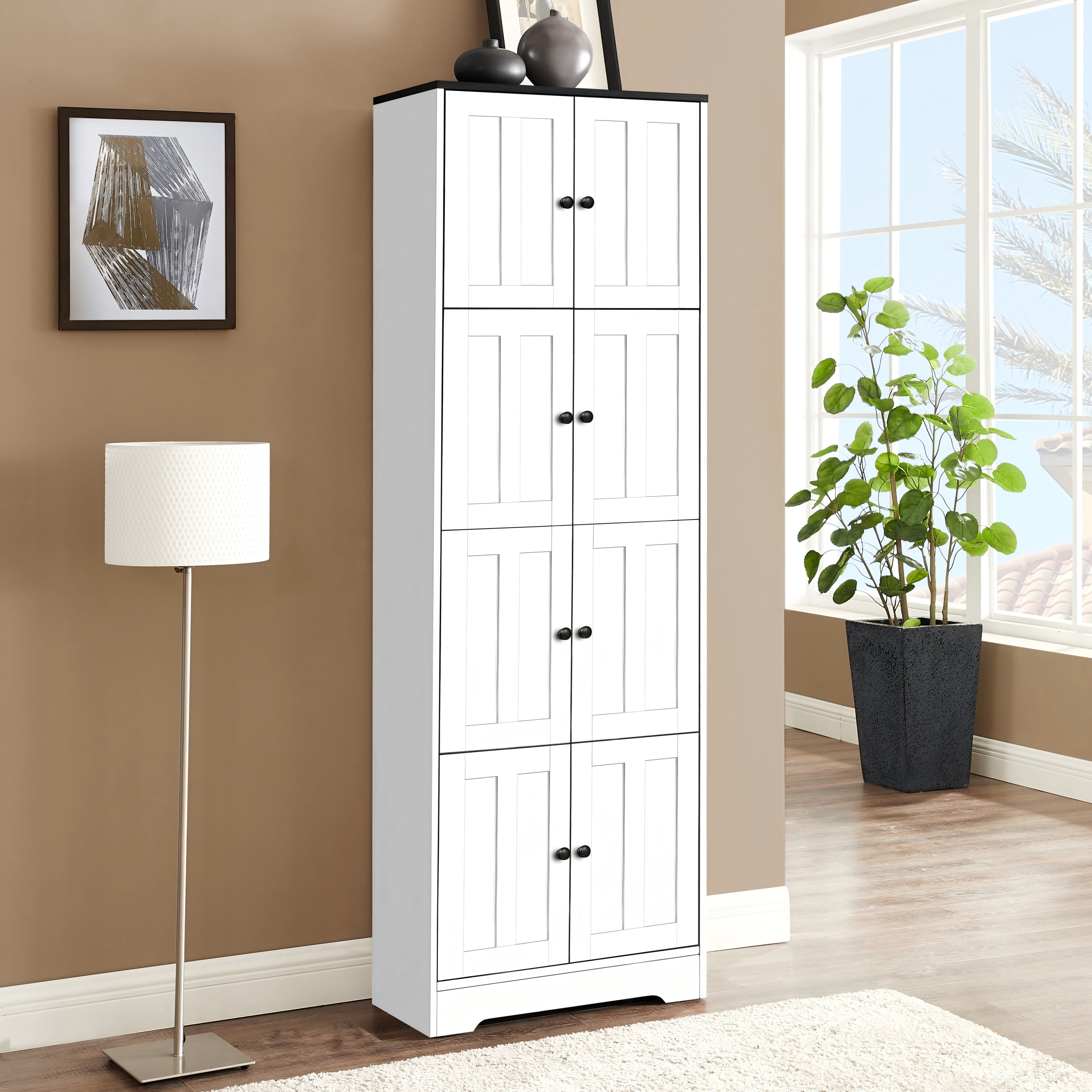 Tall Storage Cabinet with 8 Doors and 4 Shelves, Wall Storage Cabinet for Living Room, Kitchen, Office, Bedroom, Bathroom, White - Grand Goldman Shop