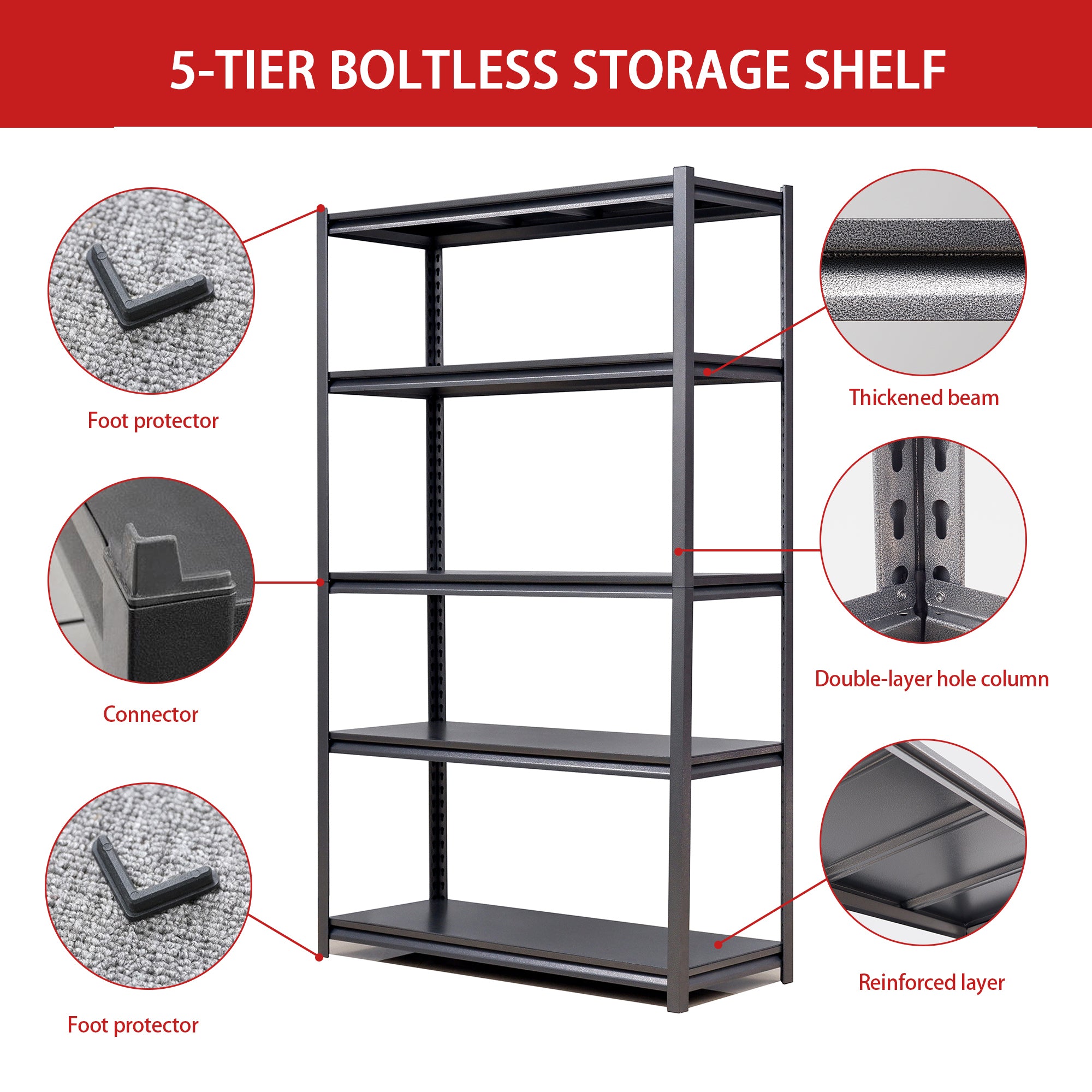 Industrial Metal Shelves 5 Tier Heavy Duty Storage Utility Rack Black Adjustable 47.2'W x 18'D x 78'H - Grand Goldman Shop