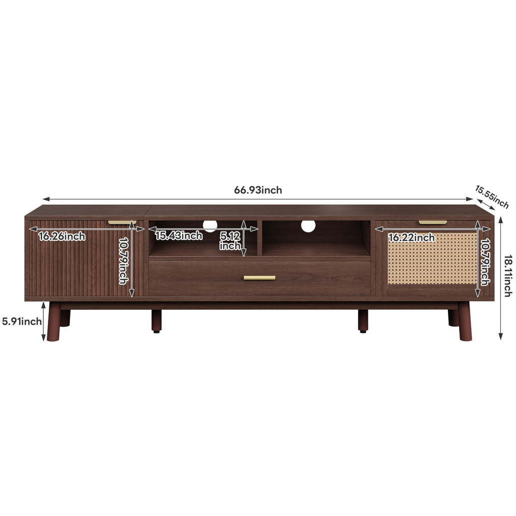Wood Fashionable TV Stand for 75' TVs with Soft-Closing Doors, Dark Brown Modern Console with Rattan Accents and Drop-Down Cabinet, Solid Wood and MDF Construction - Grand Goldman Shop