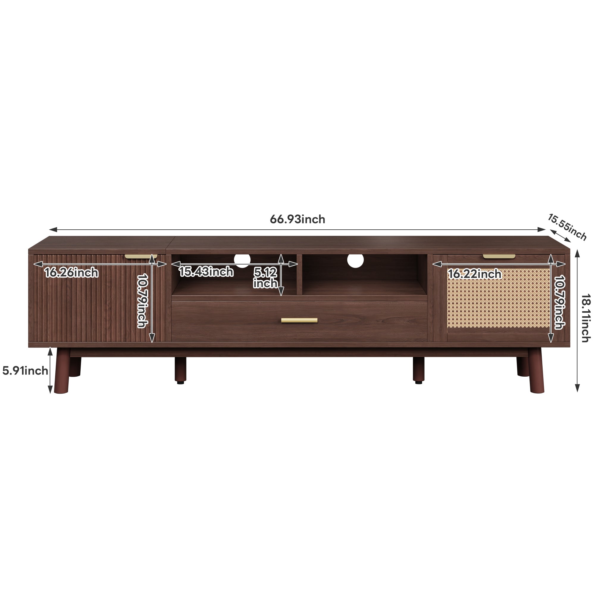 Wood Fashionable TV Stand for 75' TVs with Soft-Closing Doors, Dark Brown Modern Console with Rattan Accents and Drop-Down Cabinet, Solid Wood and MDF Construction - Grand Goldman Shop