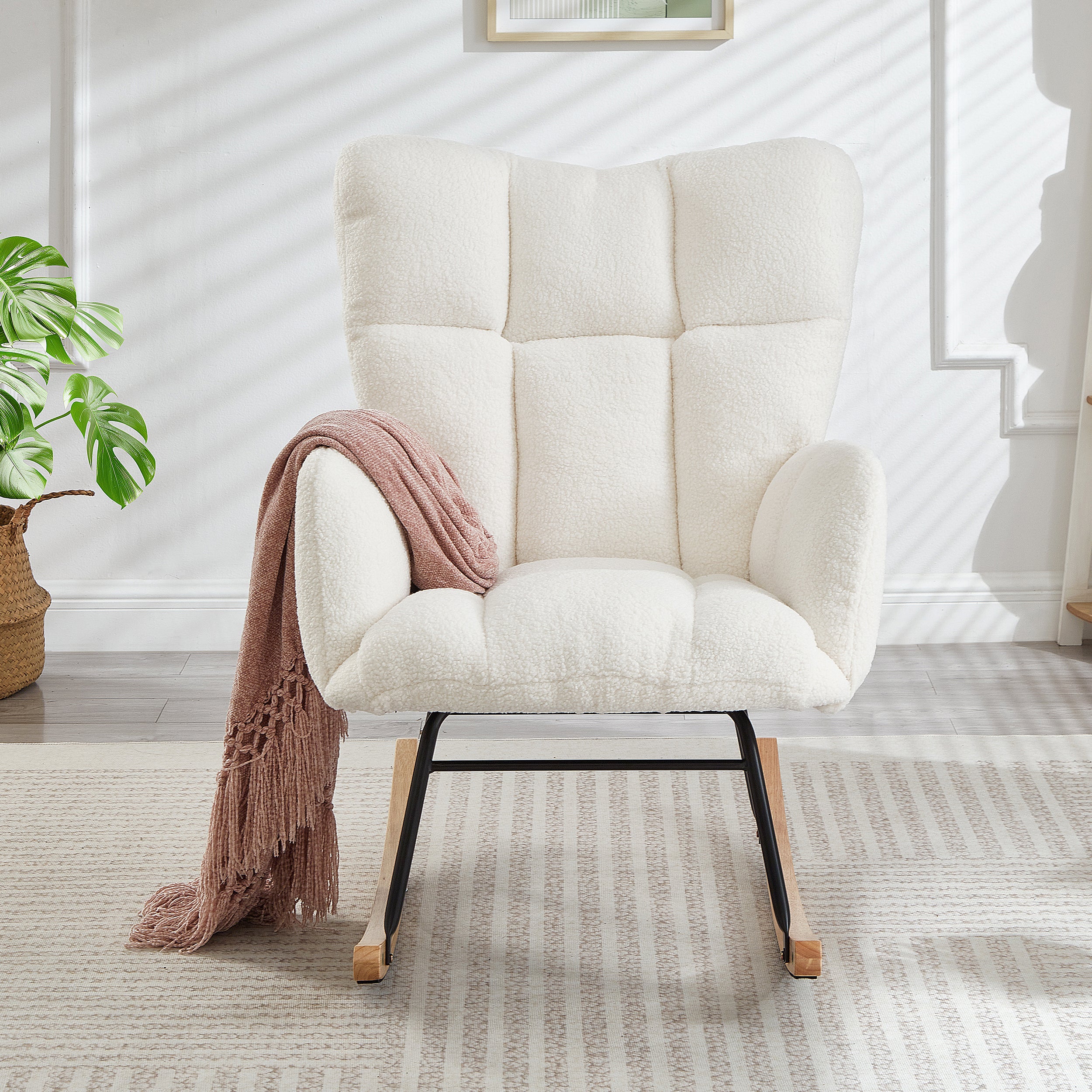 Glider Chair for Living Room Tufted Upholstered Teddy Fabric Rocking Chair with Metal Frame Accent Chair Ivory White - Grand Goldman Shop