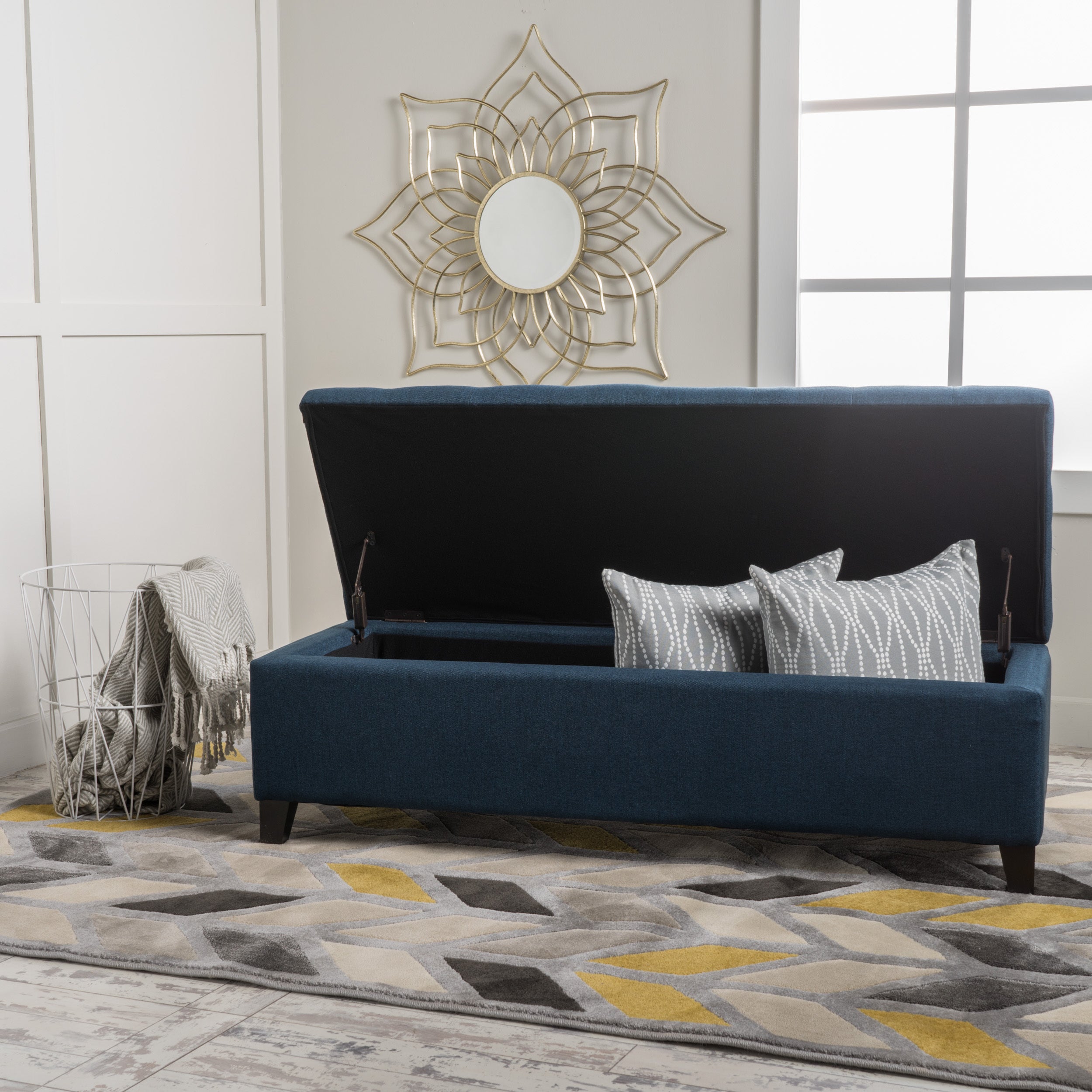 Upholstered Storage Ottoman Bench, Entryway Bench, End of Bed Bench, Ottoman Foot Rest for Bedroom, Navy Blue, 300lbs - Grand Goldman Shop