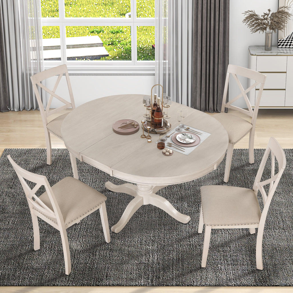 Antique White Modern Dining Table Set for 4 with Round Table and Chairs, Solid Wood & MDF - Grand Goldman Shop