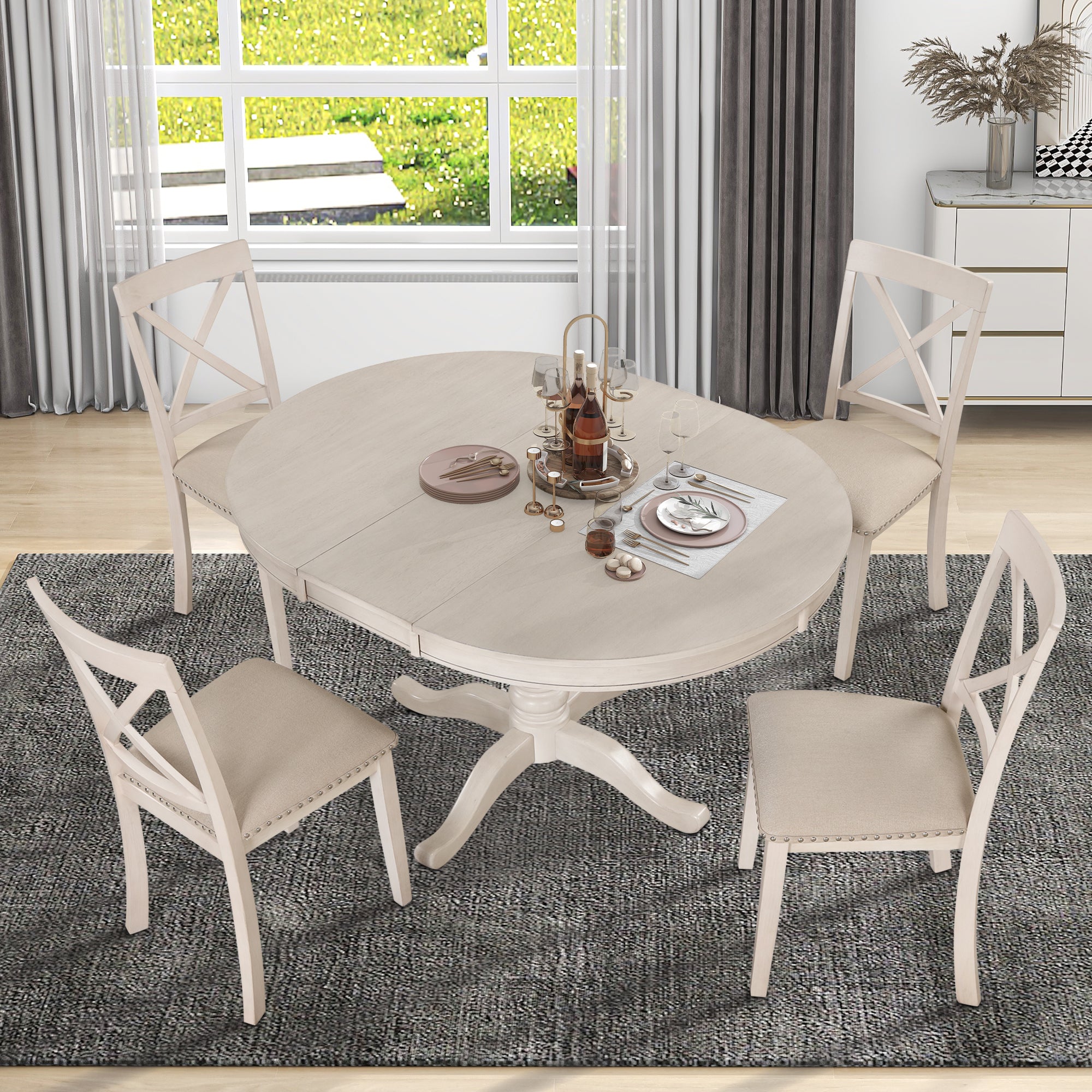 Antique White Modern Dining Table Set for 4 with Round Table and Chairs, Solid Wood & MDF - Grand Goldman Shop