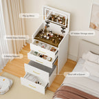 Compact 3 in 1 Vanity Desk with Open Top Mirror, Glass Desktop, White MDF, 50.39' Height - Grand Goldman Shop