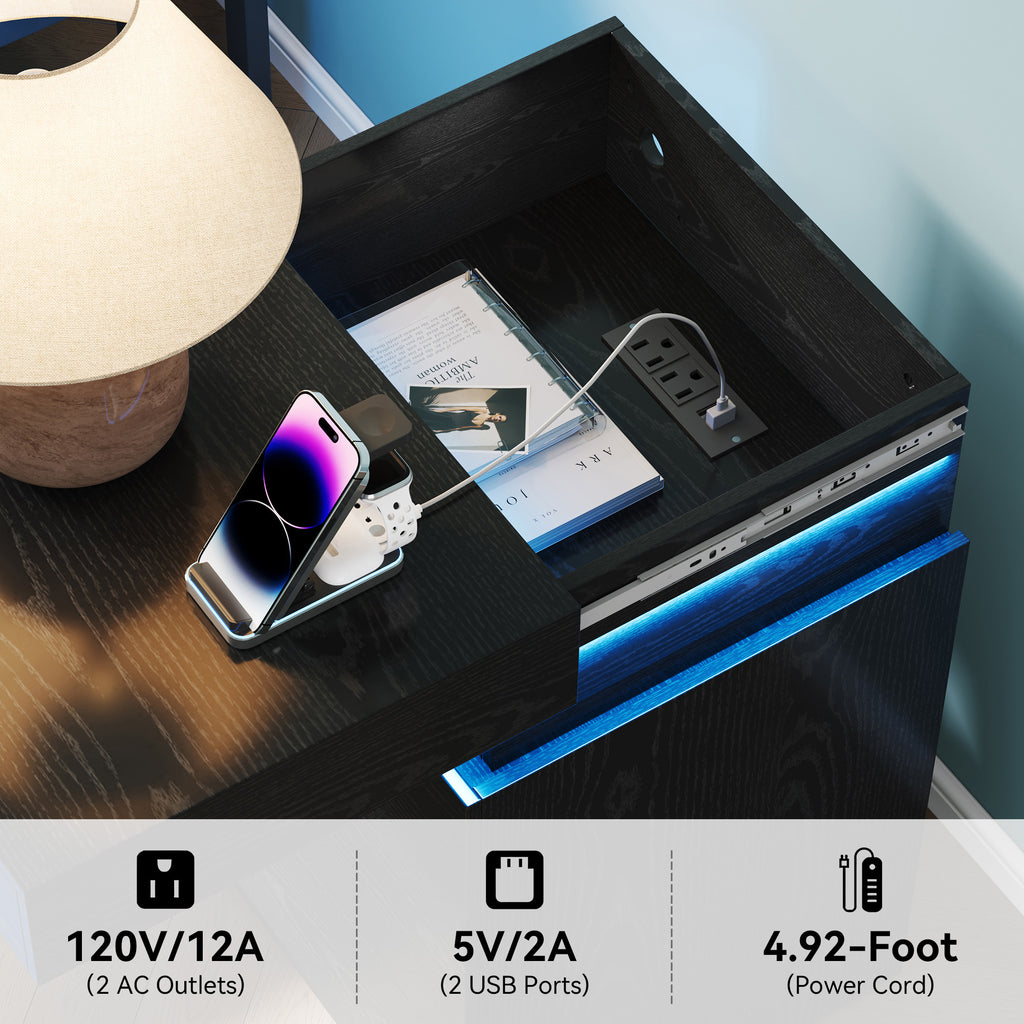 Nightstand with Built-In Charging Station and LED Lighting, 3-Drawer Sliding-Top Modern Bedside Table, Black Wooden End Table - Grand Goldman Shop